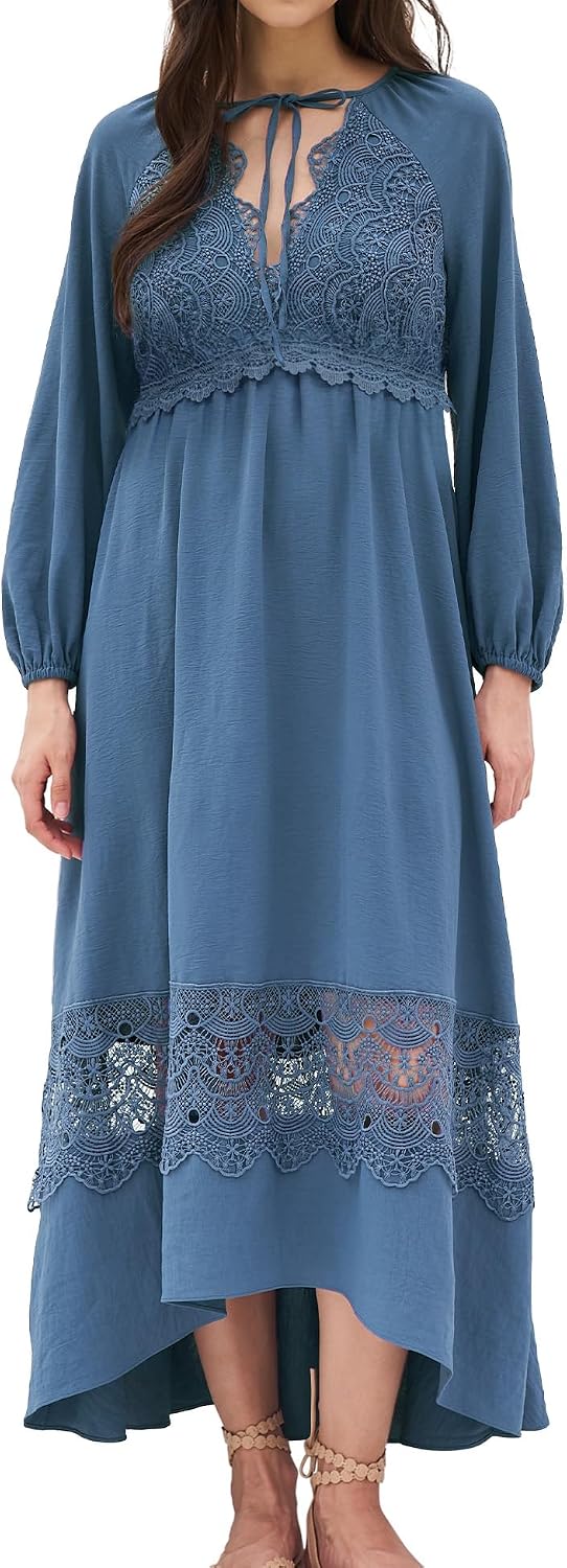 Olaesa Women's Boho Maxi Dress Lace Long Sleeve Flowy V Neck Empire Waist Wedding Guest Dress with Pockets