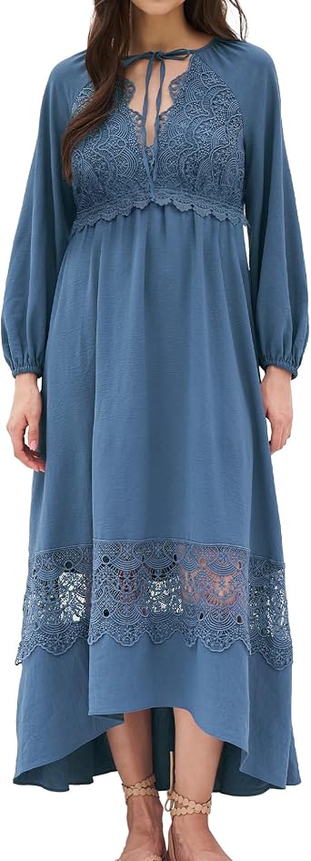 Olaesa Womens Boho Maxi Dress Lace Long Sleeve Flowy V Neck Empire Waist Wedding Guest Dress with Pockets