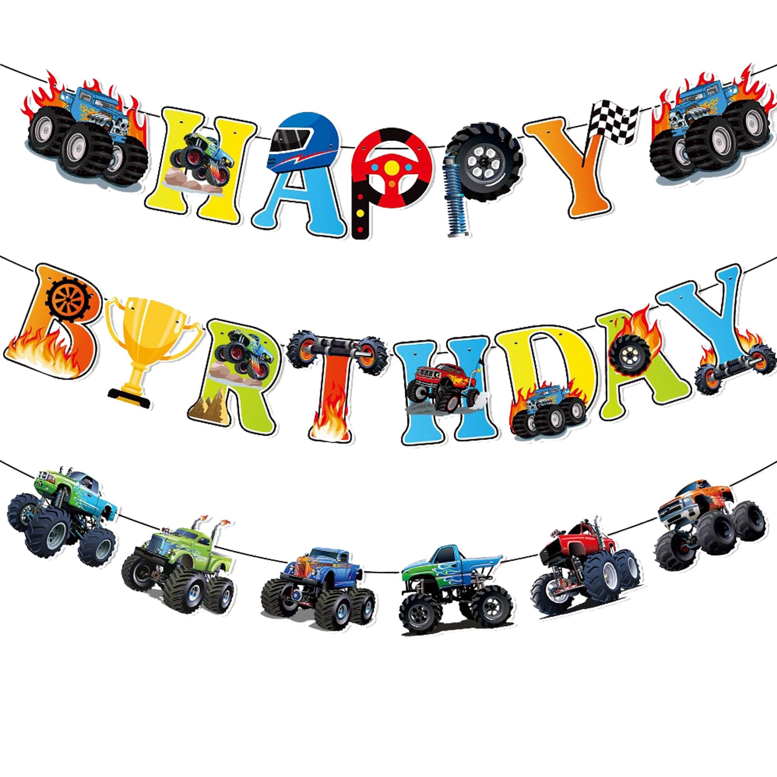 Zwiebeco Trucks Off-road Vehicles Happy Birthday Party Decoration Banner Hanging Paper Sign for Kids Adults Racing Themed Accessories Supplies