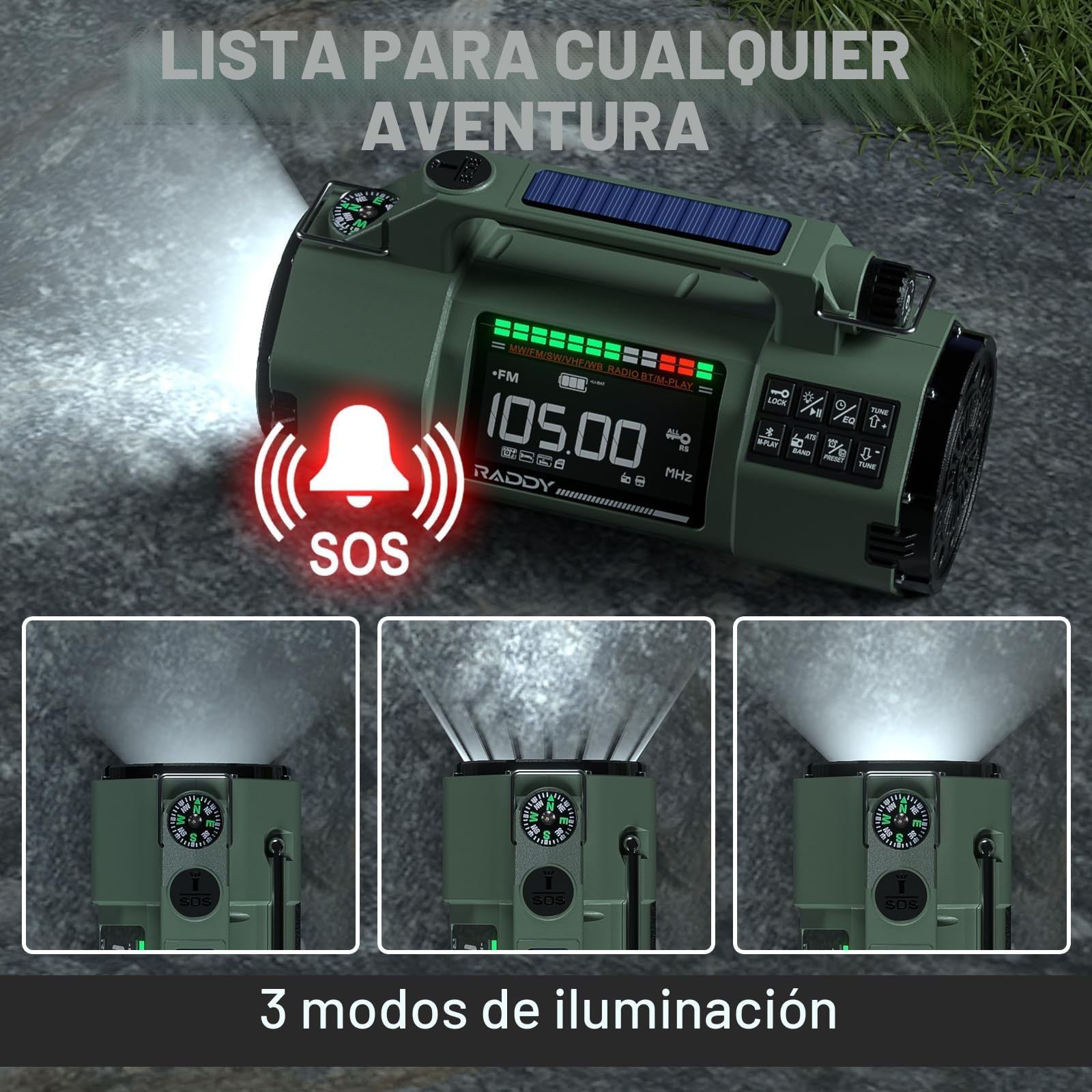 Raddy SH-907 Radio de Emergencia con Control App, manivela, Solar, Receptor Am/FM/SW/VHF con Batería Reemplazable de 5000 mAh, Linterna, SOS, Brújula para Cortes de Energía, Camping y Emergencias