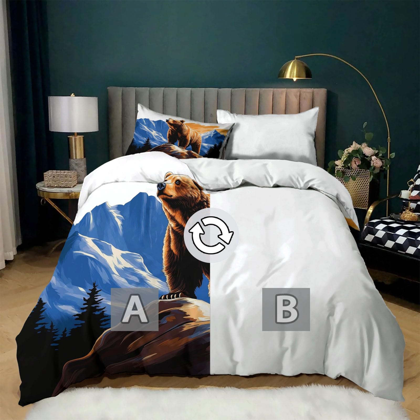 Duvet Cover Toddler Size Mountain Forest Brown Bear Bedding Set Super Soft Beige Quilt Cover, for Adults and Kids Bedroom Decor with 2 Pillow Shams 40