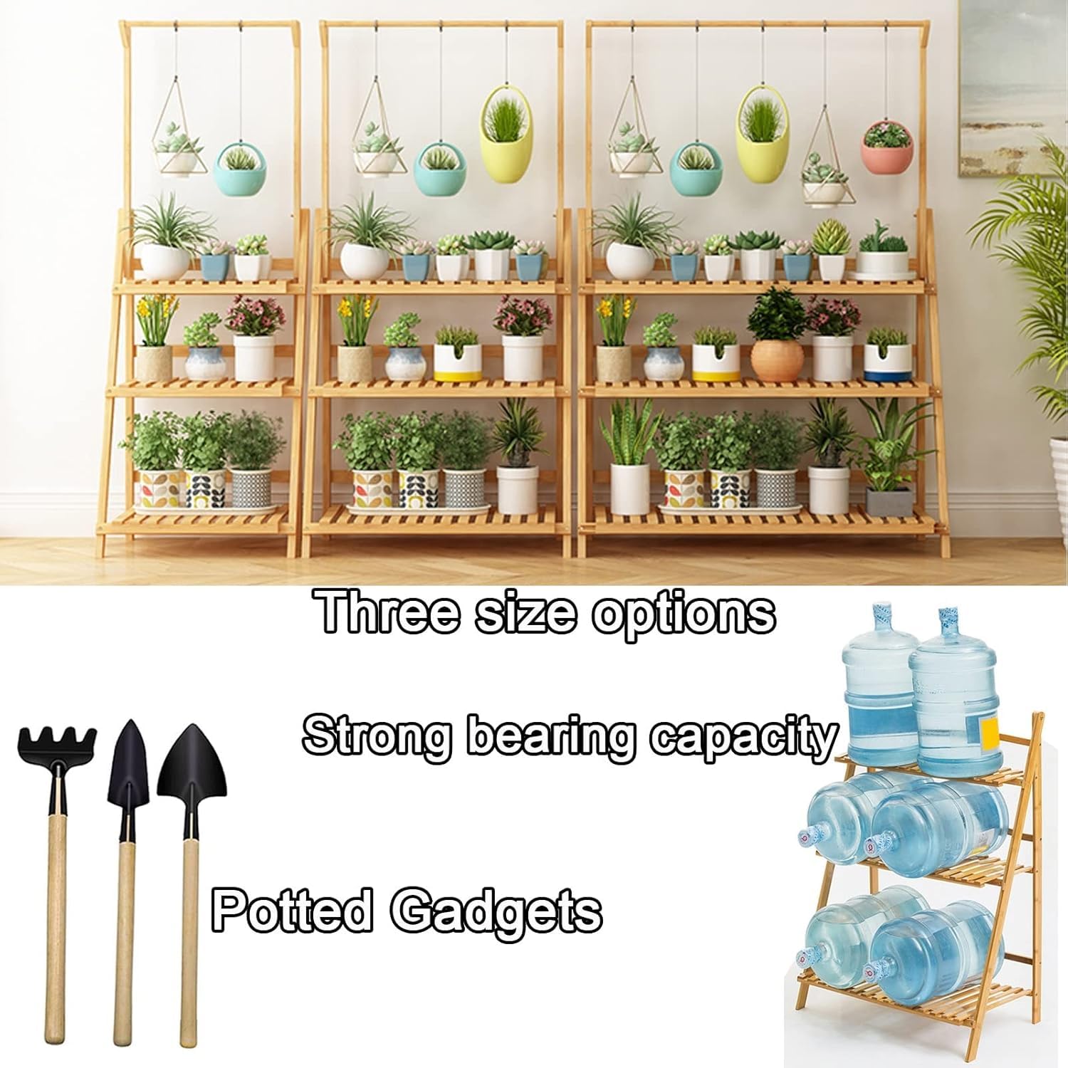 3-poziomowa Drabina Bambusowa Półka Na Rośliny Sadzarka Zewnętrzna Półki Ekspozycyjne Wiszące Składany Stojak Na Doniczki Organizer Wieszak Na Ubrania, Natural, L 70cm(27.5in)