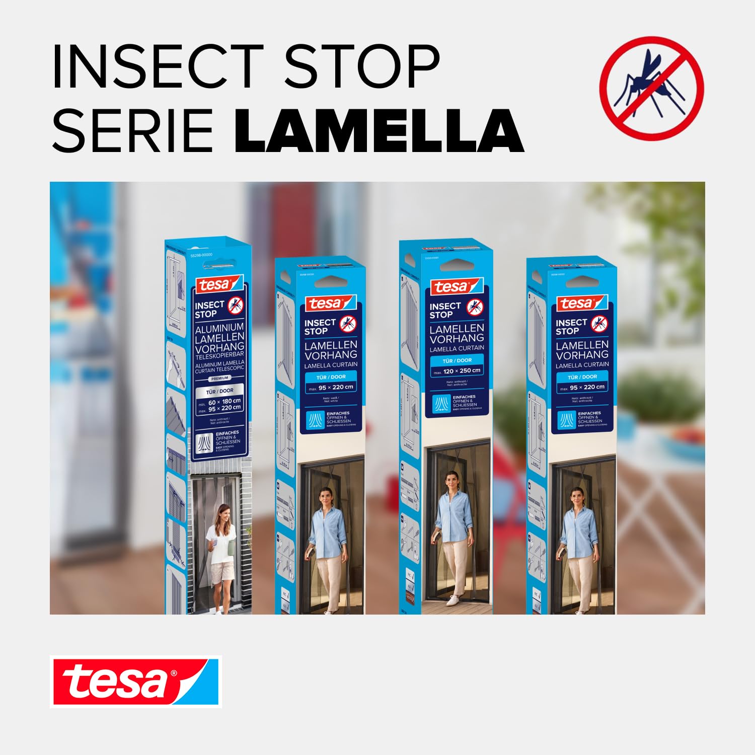 tesa Insect Stop Cortinas STANDARD para Puertas, Mosquitera de 4 Piezas con Cinta Adhesiva de Gancho y Bucle, Sin Necesidad de Taladrar, Blanca, 95 cm x 220 cm