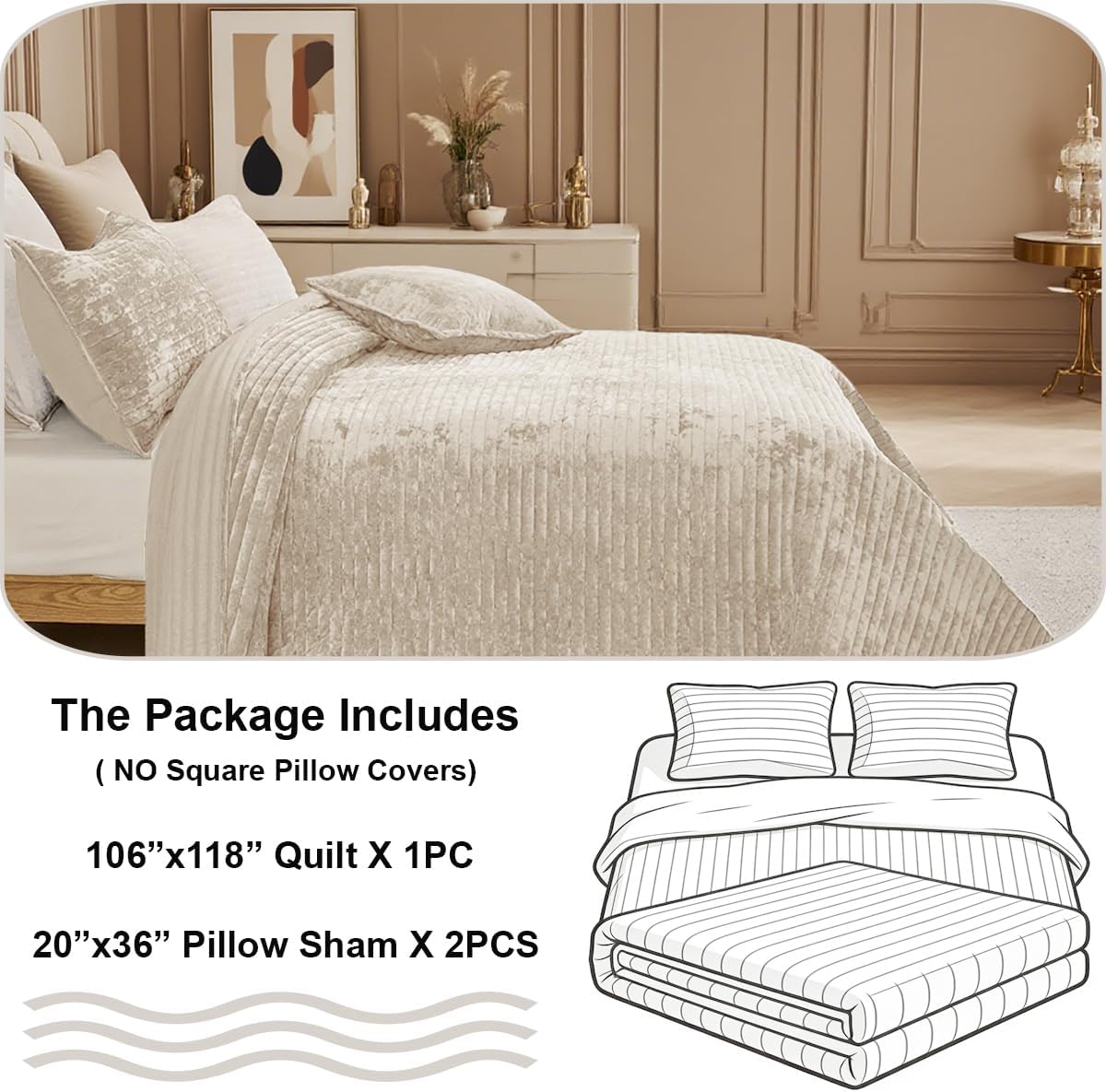 Quilt Set California King Size 106x118 Luxurious Velvet Bedding Sets with 2 Pillow Shams 20x36 3 Pieces Ultra Soft Quilted Striped Bedspread Coverlet Comforter for All Season,Beige