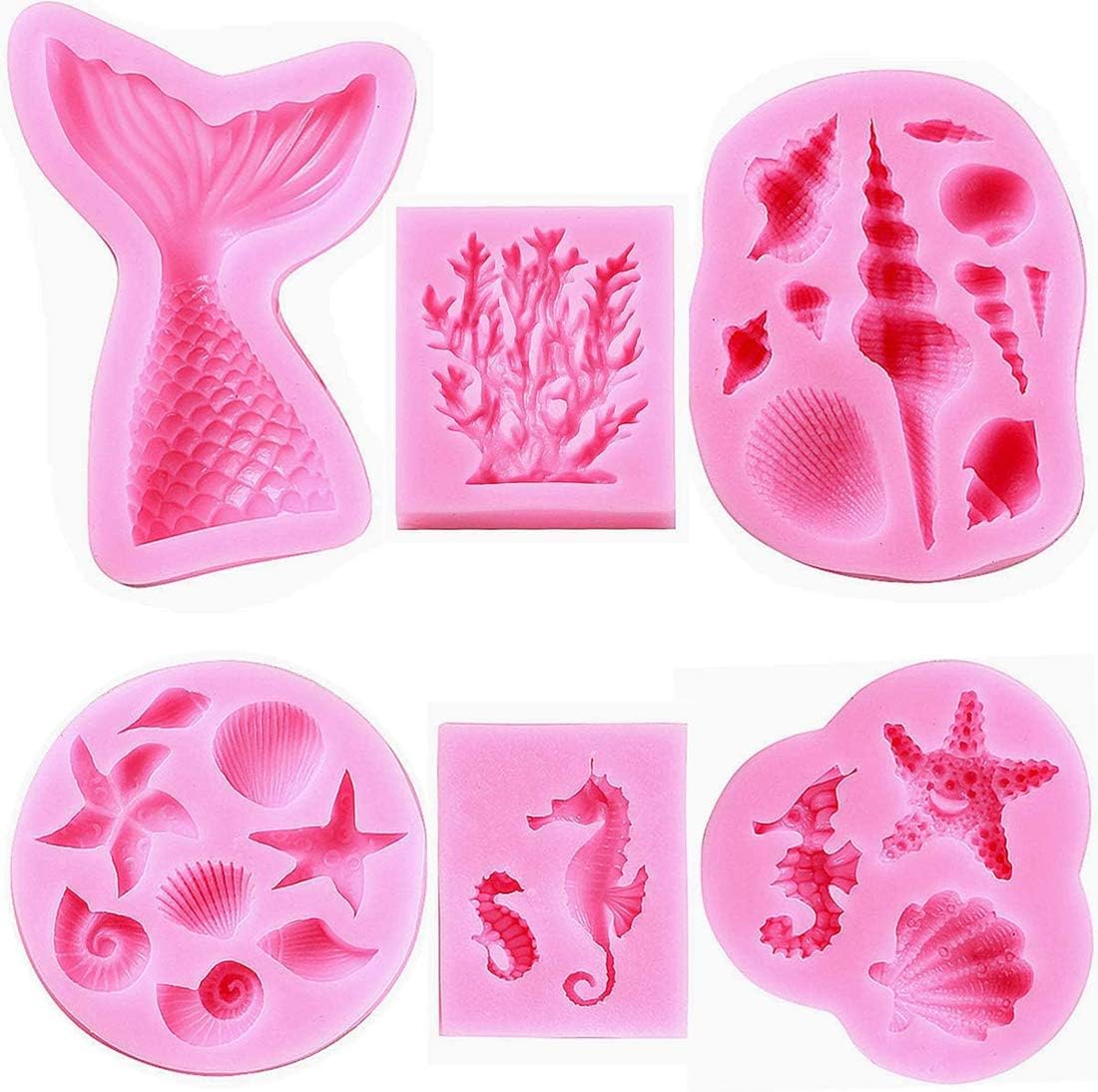 โ SYOSI Marine Theme Fondant Silicone Mold Silicone Seashell Sea Life Chocolate/Fondant/Candy Baking Mold For Cake Decor DIY Handmade Baking Tools for Mermaid Theme Cake Decoration(6pack)