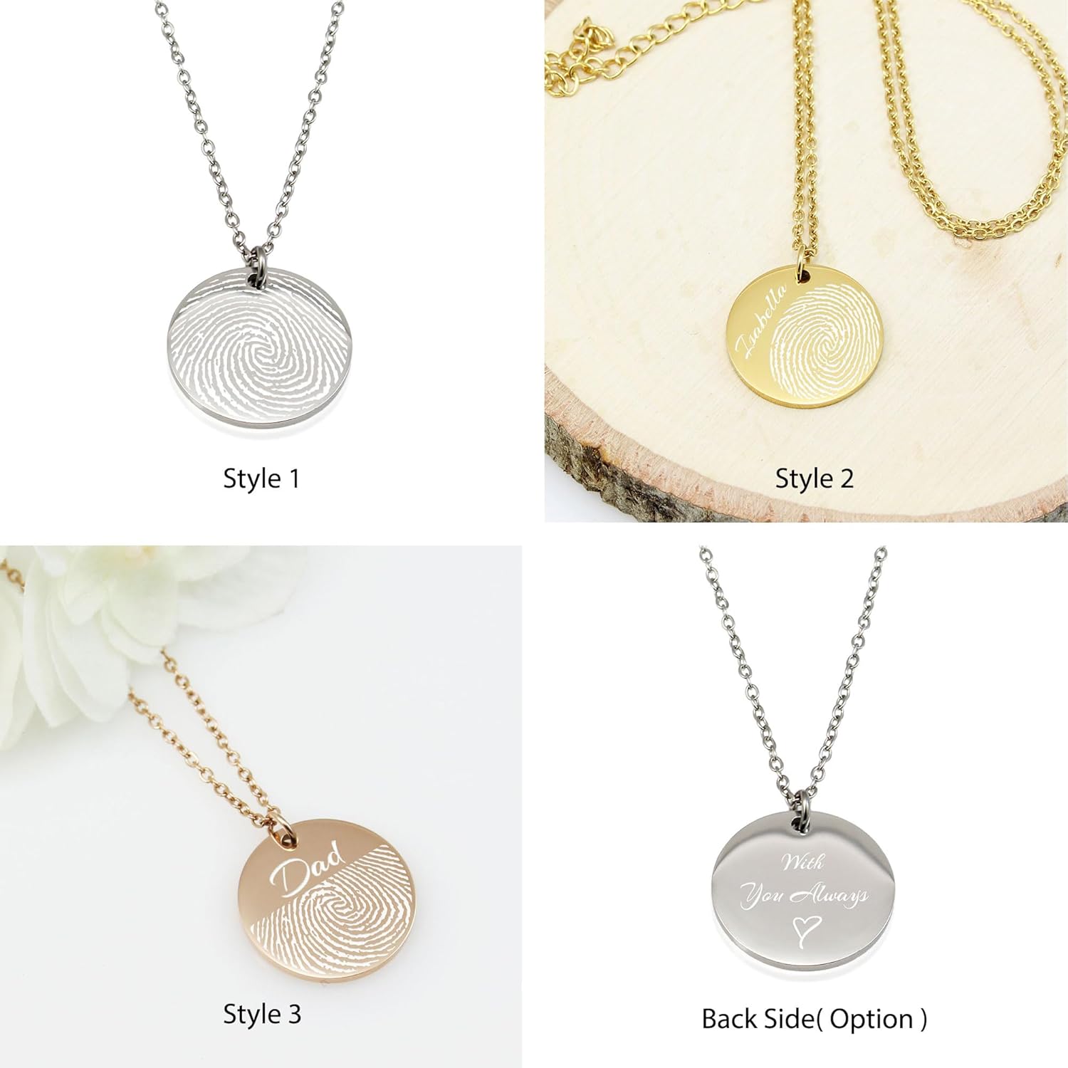 AnnBijoux Actual Fingerprint Necklace Woman Engraved Fingerprint Jewelry Bereavement Jewelry Stainless Steel Round Pendant Personalized Memorial Mom Necklace