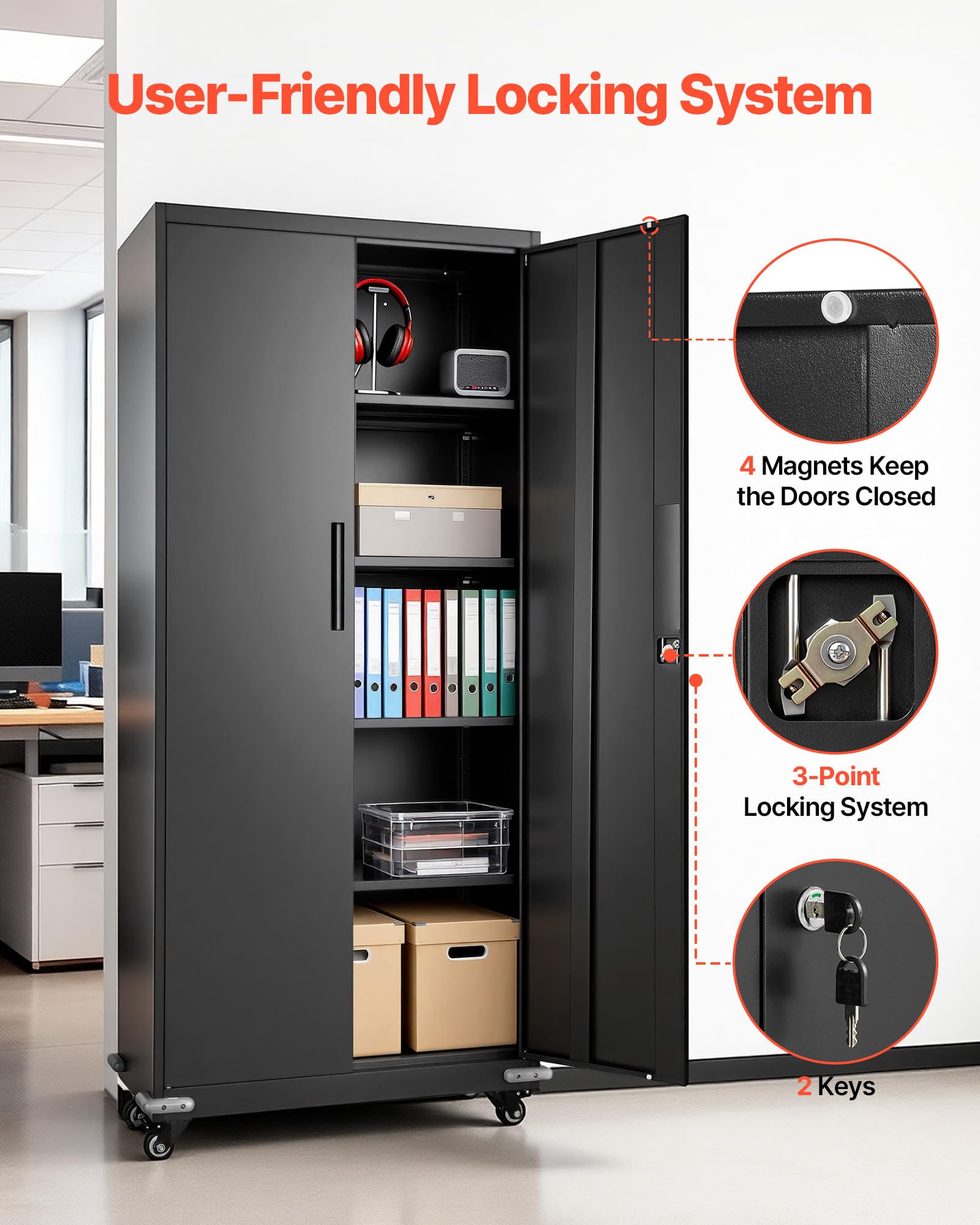 VEVOR Armoire Métallique 184,5 cm 5 Niveaux, Meuble de Rangement en Acier Verrouillable, pour Outils Atelier Bureau, sur roulettes, avec 4 Étagères Réglables, 2 Portes Magnétiques et 2 Clés, Noir