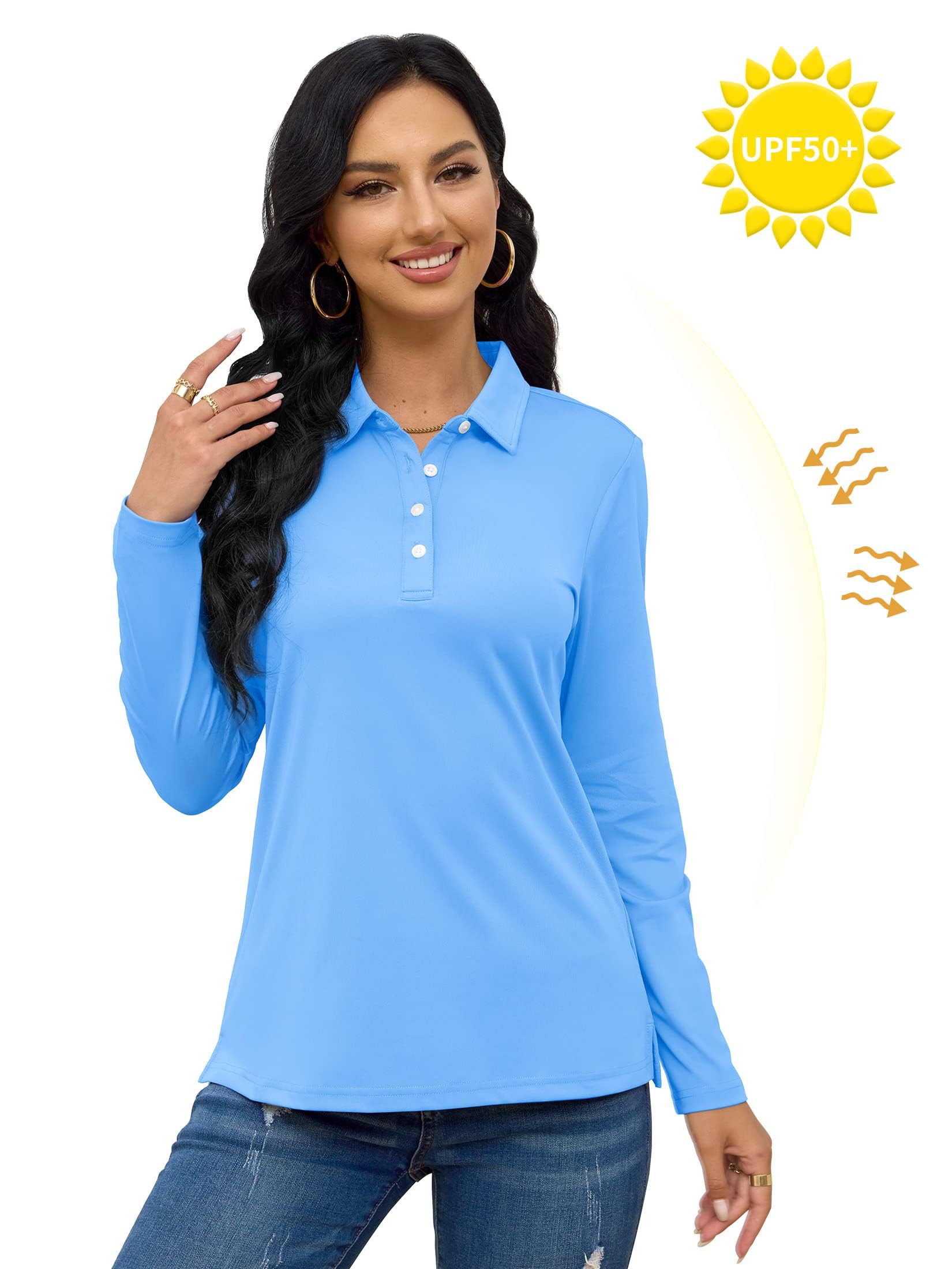TACVASEN Hauts Polo à Manches Longues pour Femmes pour Golf et Tennis Séchage Rapide Léger Protection Solaire UPF 50+ Chemise avec 4 Boutons