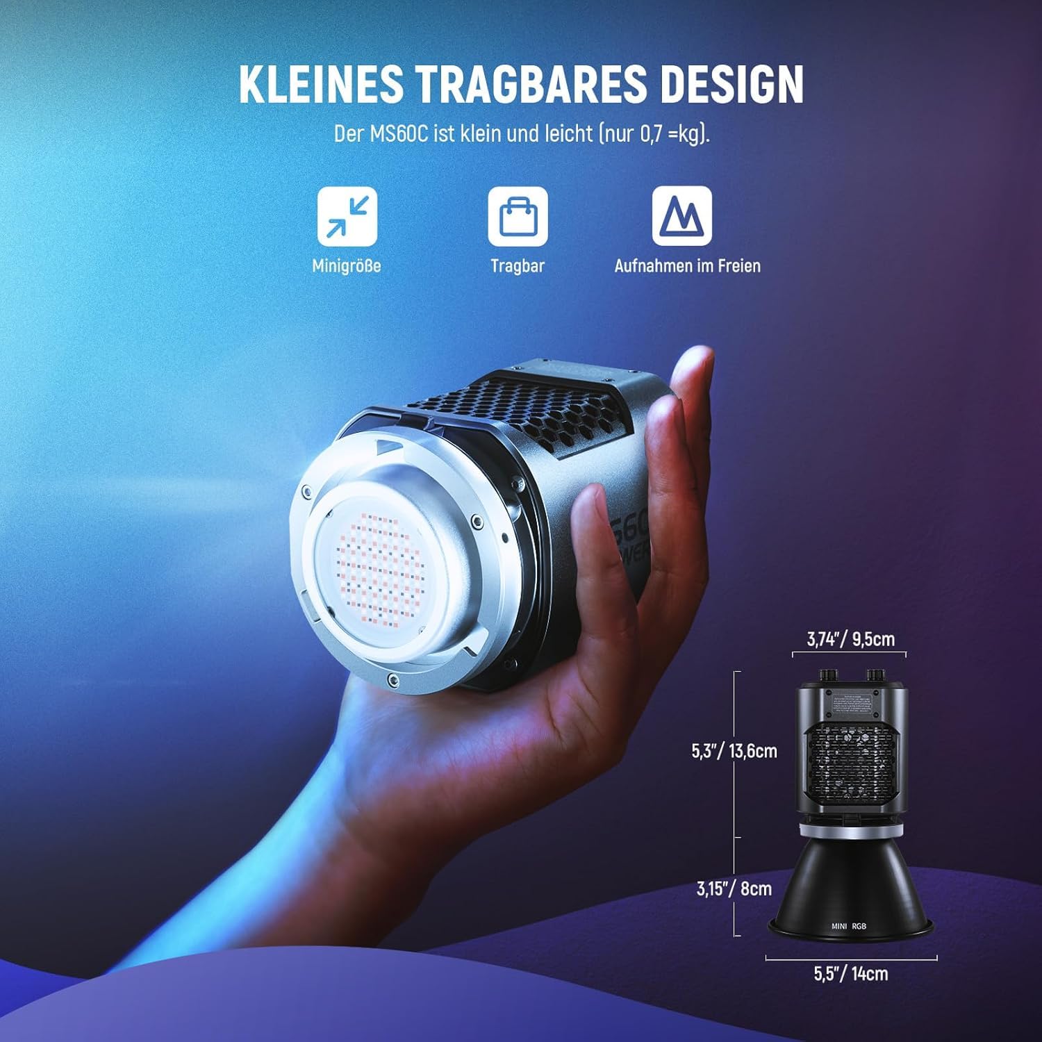 NEEWER MS60C RGBWW LED Videoleuchte Studiolicht 2,4G/APP Steuerung, 65W Ganzmetall Mini Kompakt RGB COB Studio Dauerlicht 2700K-6500K/8300lux@1m/CRI 97+/TLCI 98+/17 Effekte + RGBCW Bowens Halterung