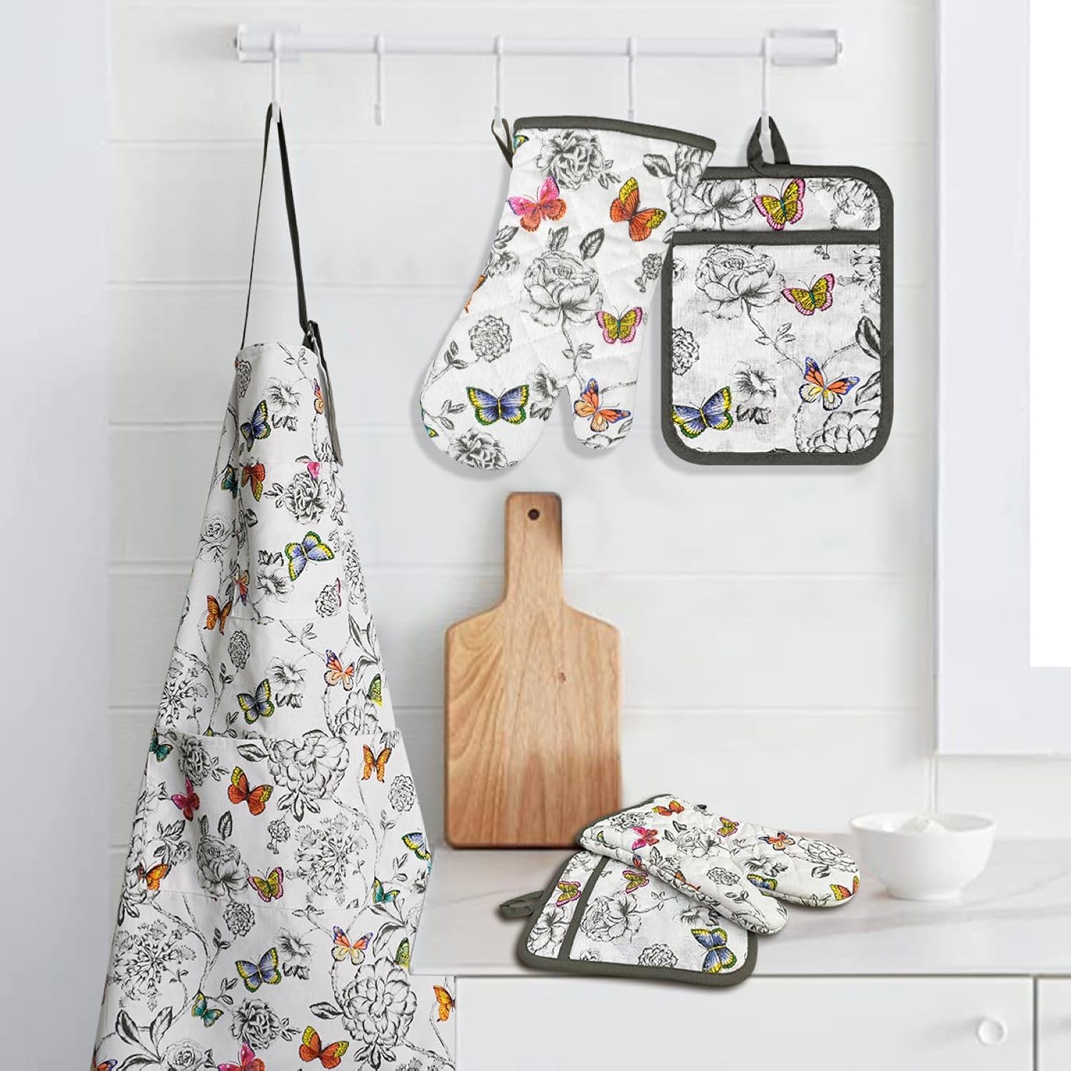 Oven Mitts and Pot Holders with Chaf Apron,Set of 5 Heat Resistant Kitchen Gloves and Silicone Non-Slip Potholders Adjustable Neck Buckle Apron, Cotton Nice Design for Cooking (Butterfly) - Image 8