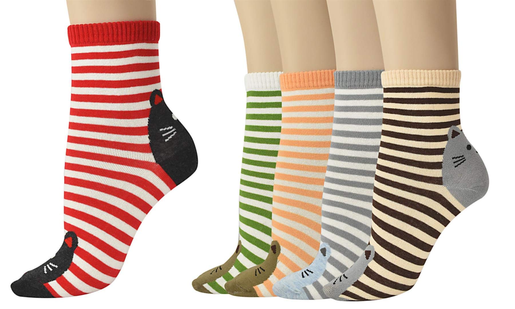 Vinsani® Kitty Face & Stripes Print Socks 5 Pairs Pack - Cat Faces Design Onesize Fits All Cotton Socks