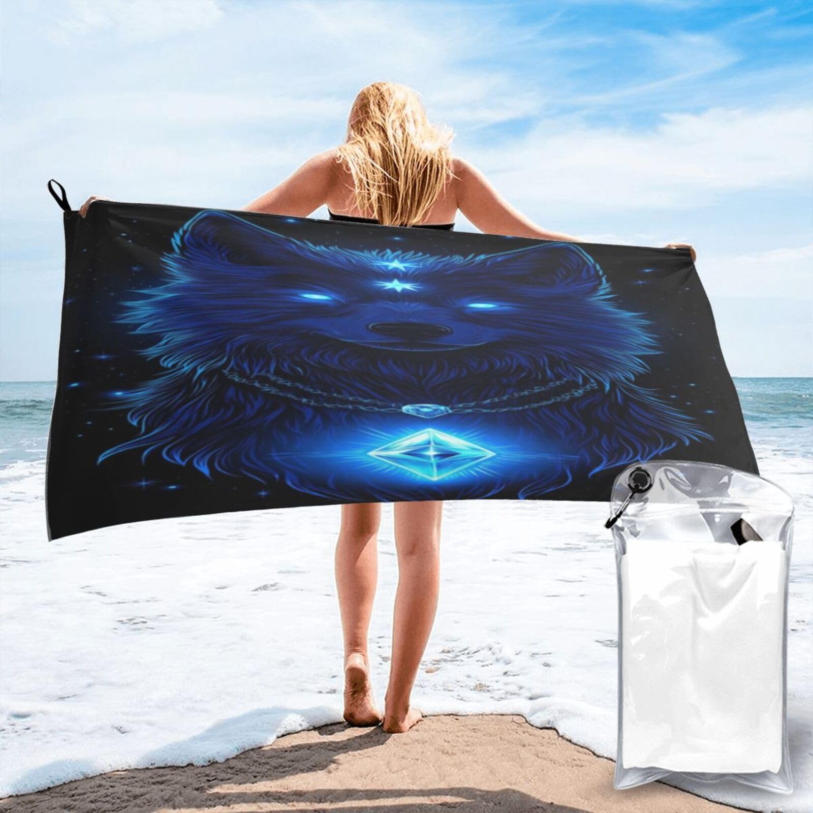Anceky Glowing Blue Wolf Portrait with Jewels Quick Dry Microfiber Travel Towel with Carry Case and Carabiner 27.5"X55"