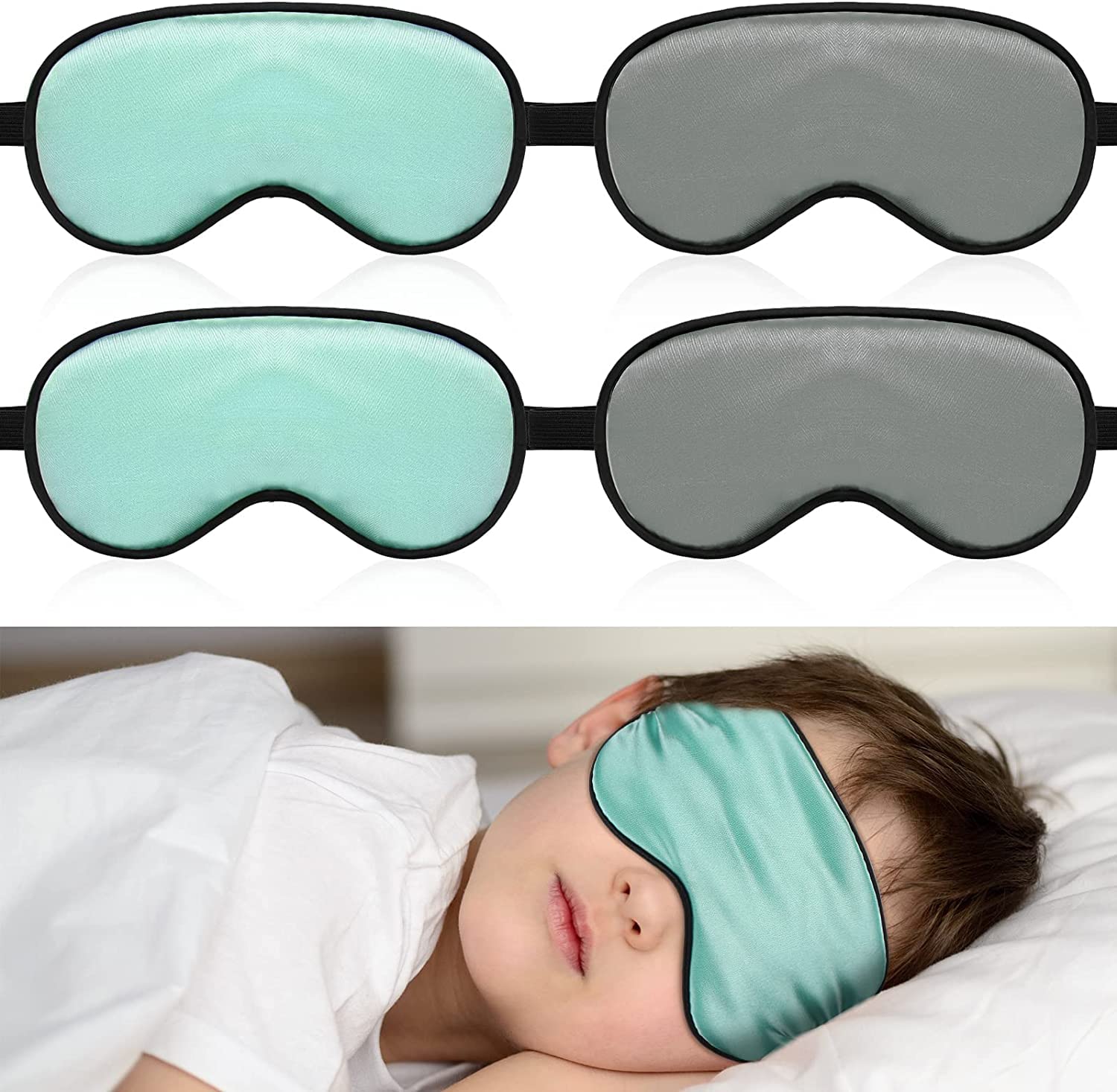 4 Pieces Eye Mask for Sleeping Kids Smooth Silk Soft Eye Cover with Adjustable Strap Blindfold for Sleeping Blocking Out Lights Childhood Kids Gift for Boys Girls (Green, Gray)