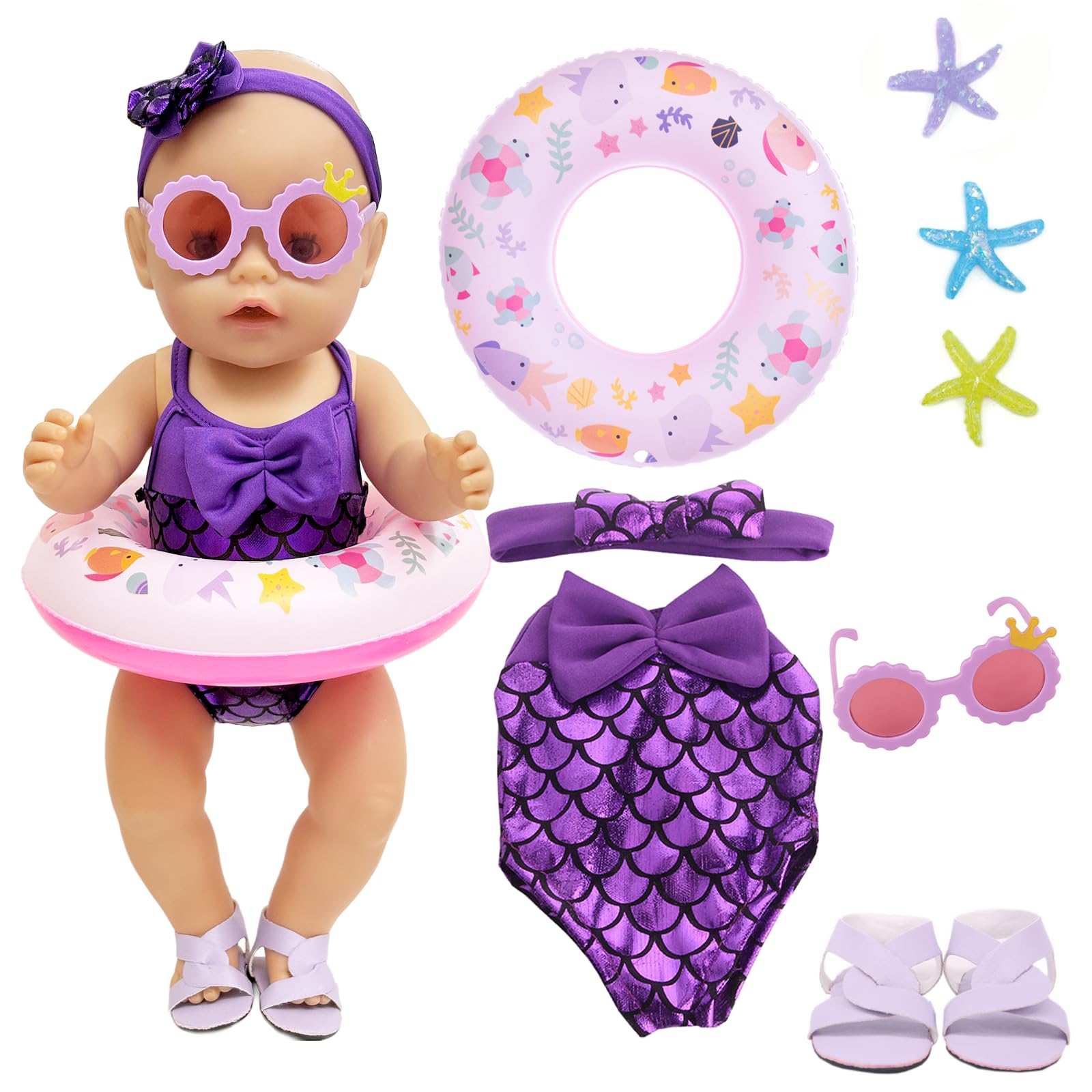 8 Pcs Baby Doll Clothes 14-18 Inch Swimming Baby Doll, Purple Mermaid Doll Swimsuit Set with Doll Swimming Outfit Swimming Ring Sunglasses Shoes Starfish for 35-45 cm New Baby Dolls, Gifts for Kids