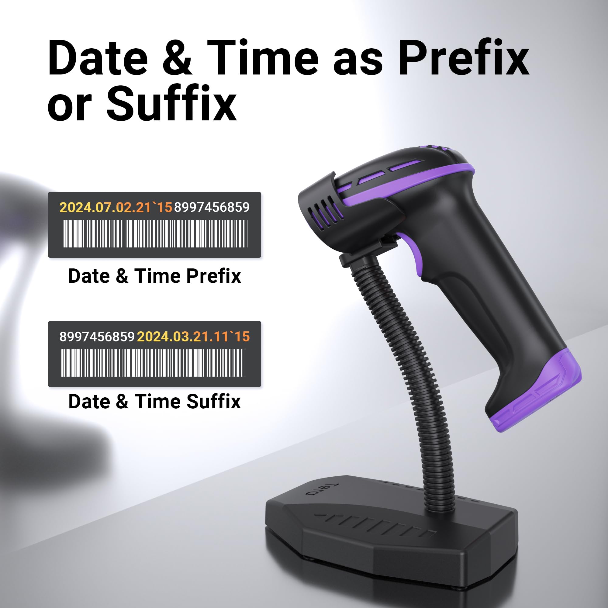 Tera Pro Barcode-Scanner Akku 4400mAh Kabellos 2D QR Bluetooth 2.4G Wireless USB D6100 Lila