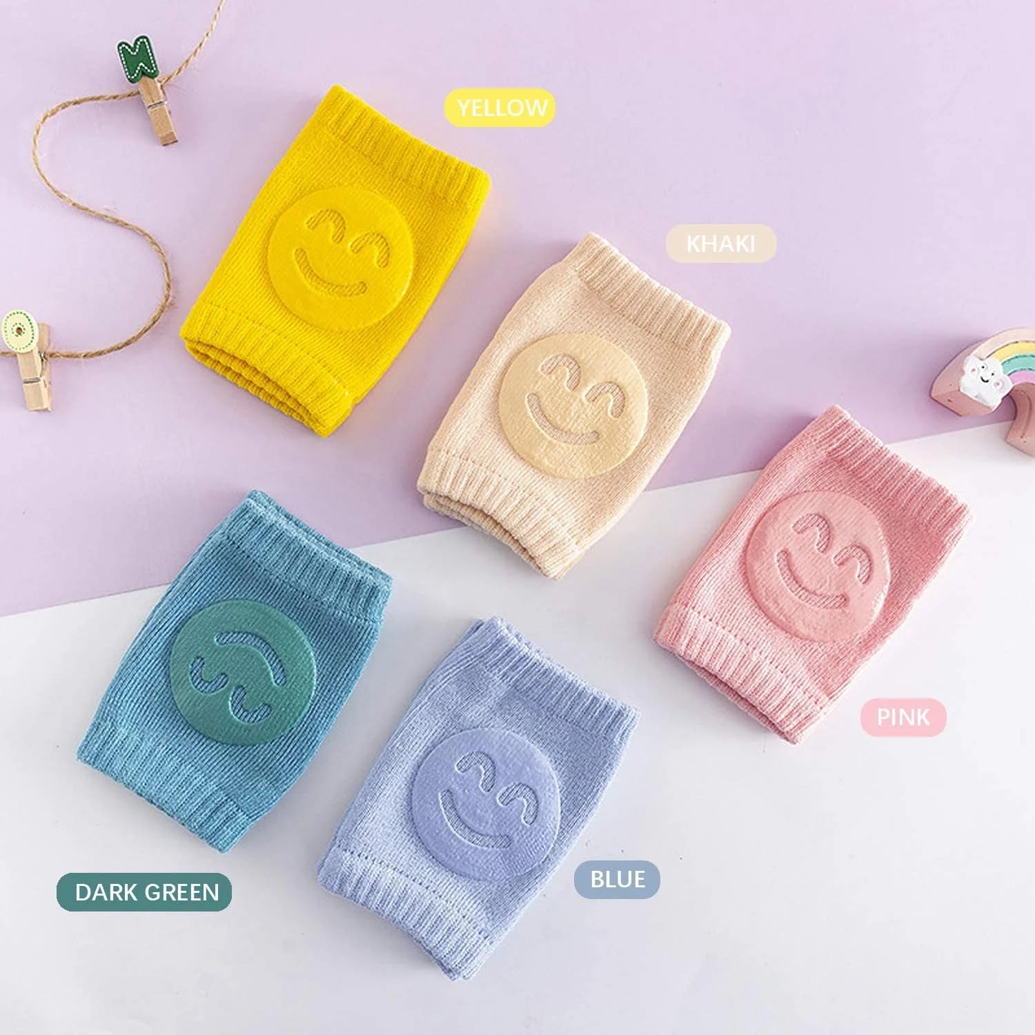 Felofix 2 Pairs Smiley Baby Knee Pads For Crawling Toddler Leg Warms Non-slip Anti-Friction Socks For Crawling 6-24 Months Babies