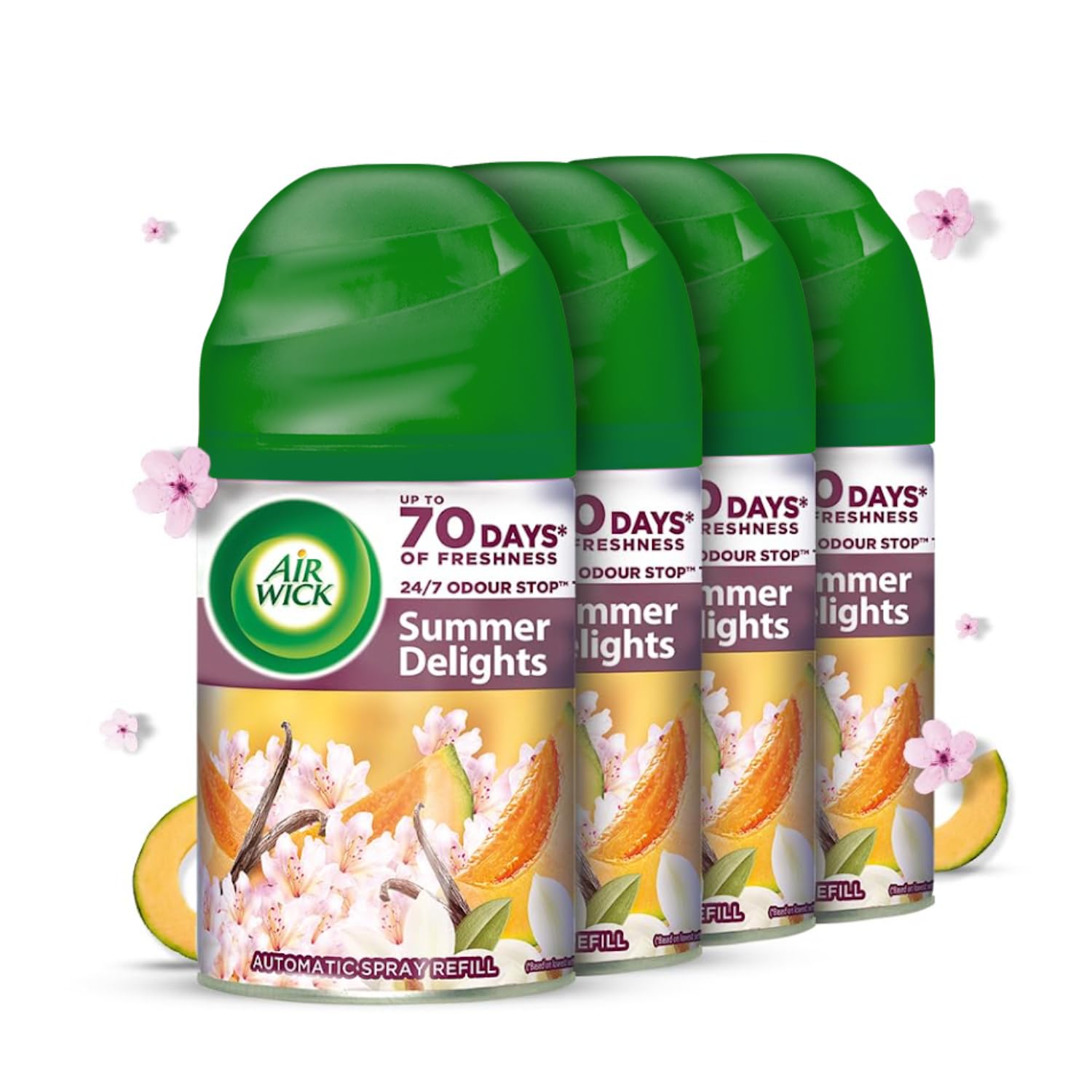 250 ml x 4 (Buy 3 Get 1 Free) - Vanilla & Muskmelon (Summer Delights), Freshmatic Automatic Air Freshener Refill | Automatic Room Freshener, Bathroom Freshener and Room Spray