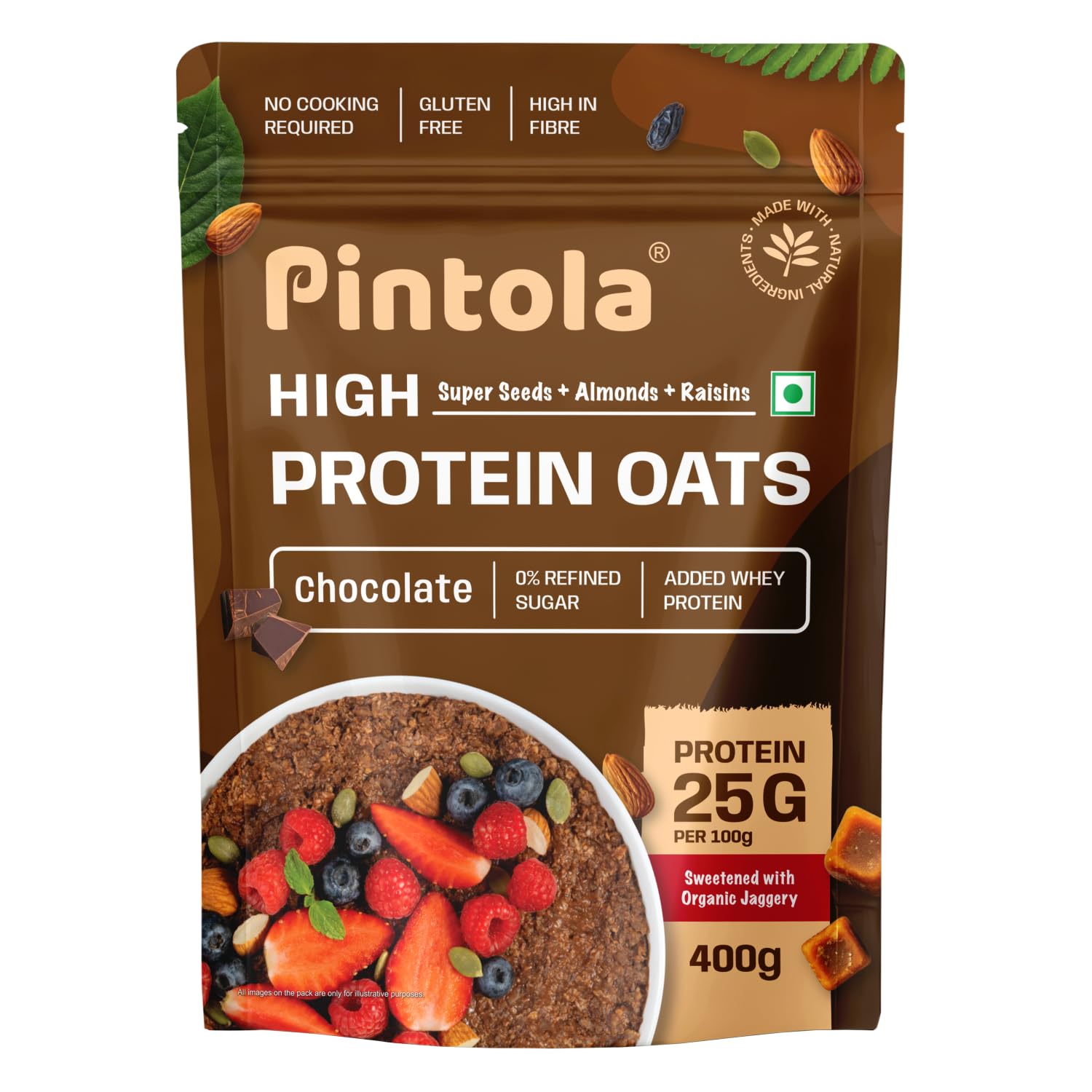 25G High Protein OATS Chocolate (400g (pack of 1)), No Refined Sugar, with Almonds Raisin, Pumpkin and Chia Seeds, 8g Fibre, Rolled Oats, Breakfast Cereals | Gluten Free