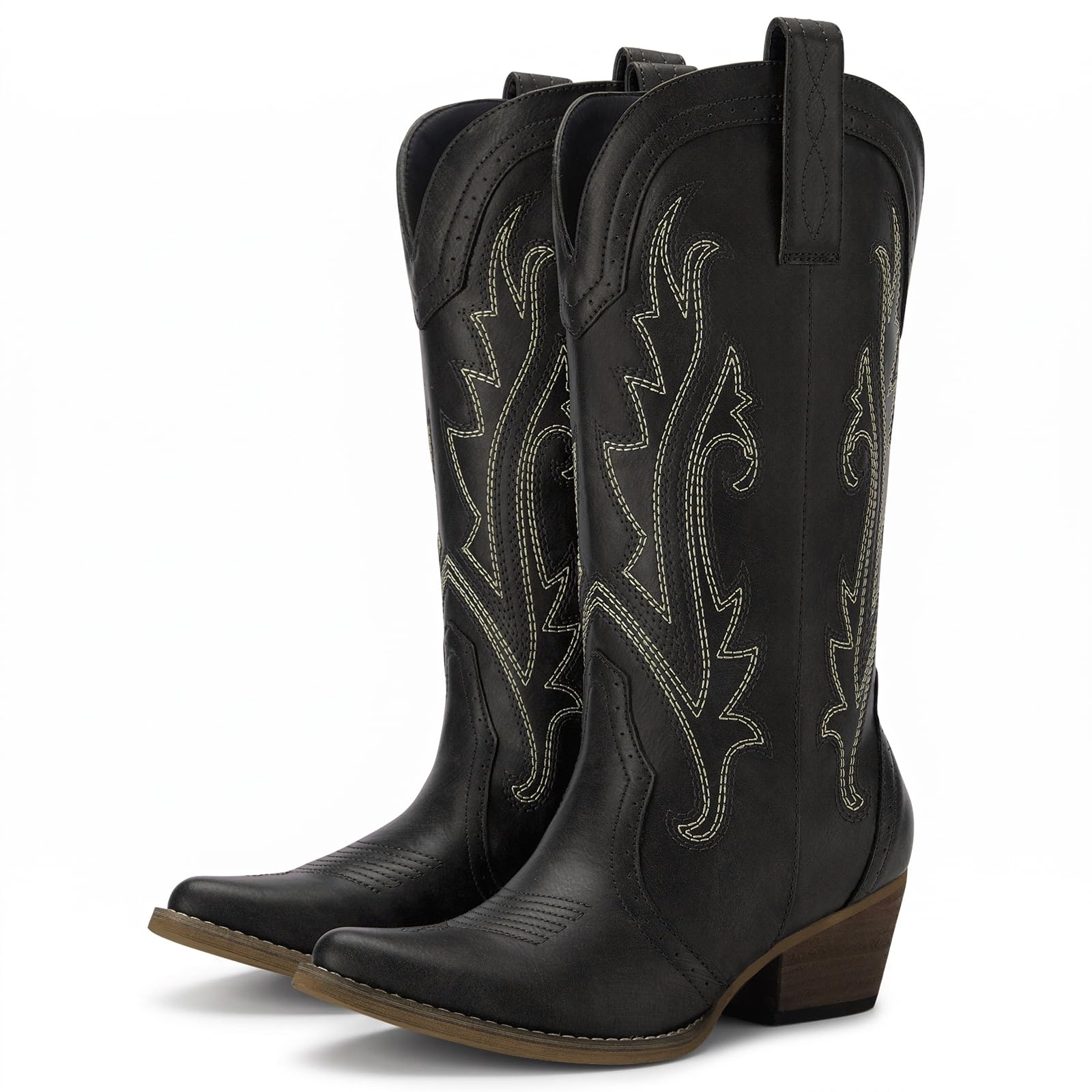 HISEA Rollda Cowboy Boots for Women Western Cowgirl Boots Mid Calf | Chunky Heel Pointed Toe Comfortable Stitched Embroidery for Country Concert Dancing Wedding Travel Daily Outfits