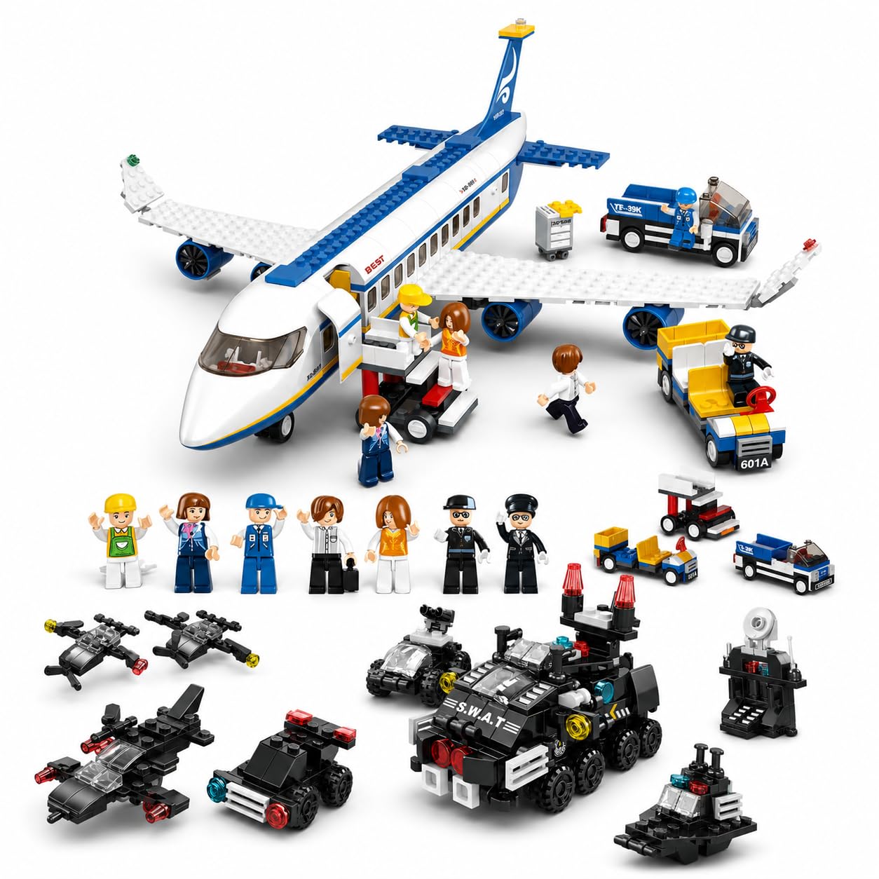 SKY LINE OCEAN SWAT Car & Passenger Airplane Combo Building Block Set, 601+ PCS Police Vehicle & Airport Playset, STEM Toy for Kids, 5-Year Structural Warranty-image-7