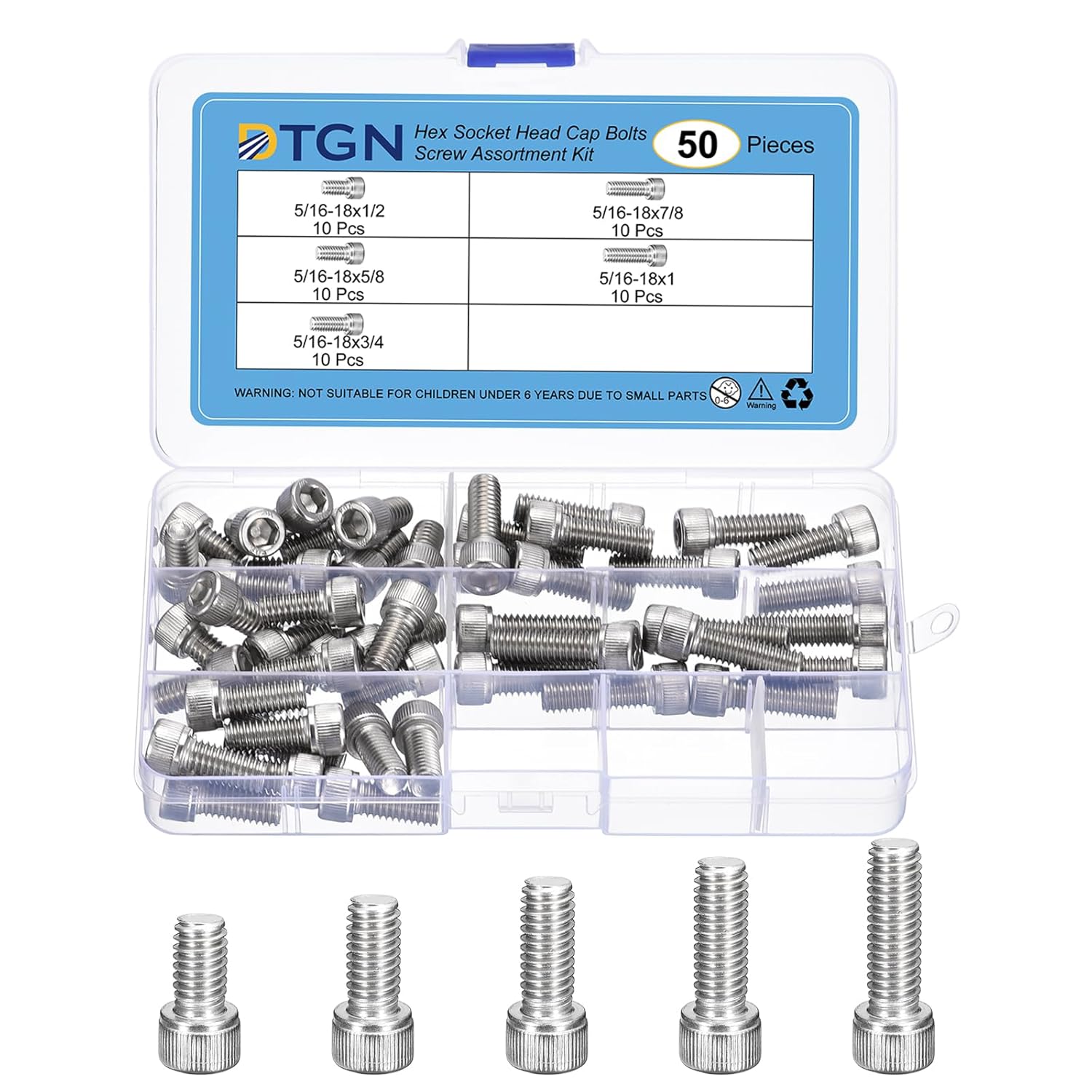 50Pcs 5/16-18 Bolts Socket Head Screws Kit, 5/16-18 Screw Assortment, 304 Stainless Steel 5/16-18x1/2, 5/8", 3/4", 7/8", 1" Hex Socket Head Cap Screws Bolt Set for 3D Printing DIY