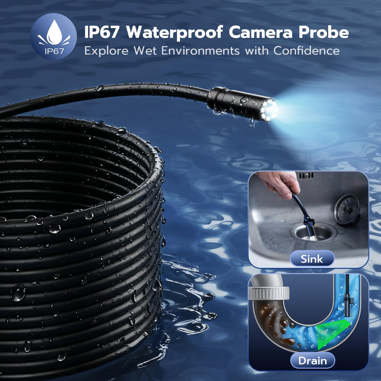 Endoscope Camera with Light, 2.8" IPS 1080P HD Handheld Borescope, 8 Adjustable LEDs, 16.4ft Semi-Rigid Snake Inspection Camera, IP67 Waterproof, for Automotive, Sewer, HVAC, Men Tools Cool Gadgets