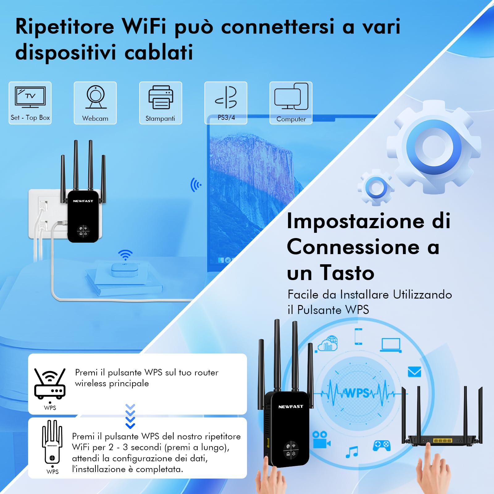 NEWFAST Repetidor WiFi AC1200 Amplificador Señal WiFi 5GHzy2,4GHz Amplificador Wi-Fi, 4 * 3dBi Antenas, Punto de Acceso con Cobertura de 360°,Extensor Wi-Fi (Negro)