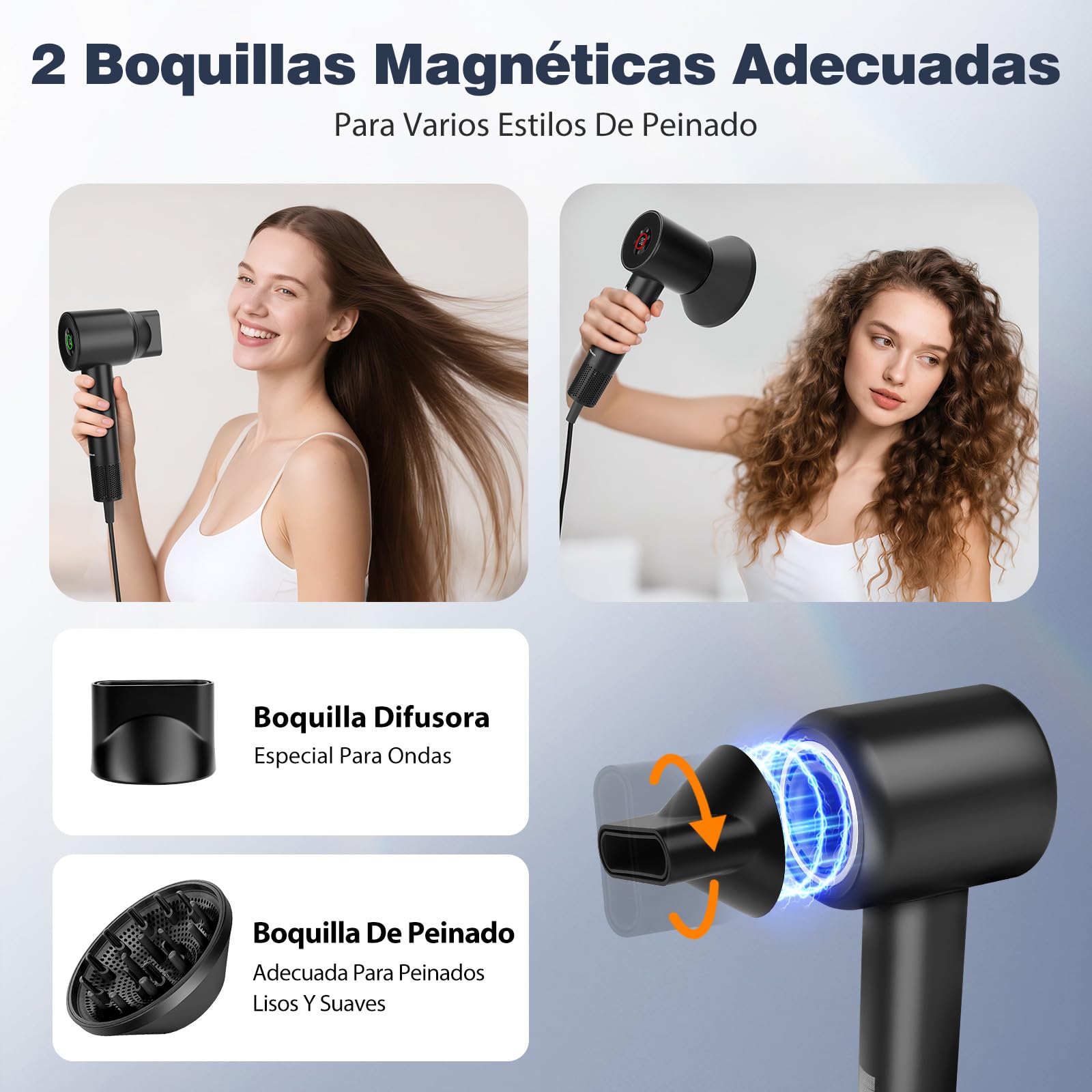 Aigostar Secador de Pelo Iónico Alta Velocidad con Difusor Magnético | 400M Iones & 110.000 RPM | Secado Rápido & Antiencrespamiento | NTC Sin Daños por Calor, para Rizos, 390g & Silencioso 57dB