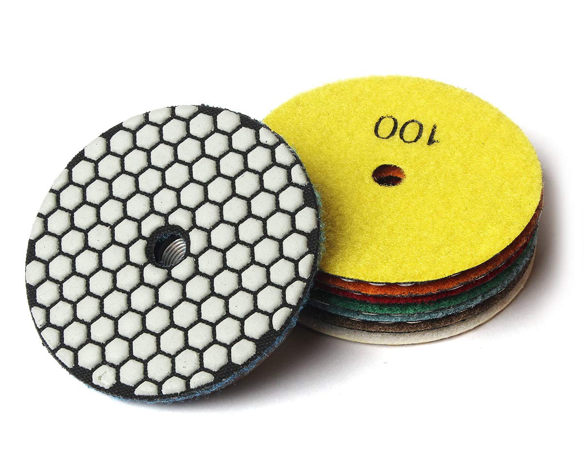 Z-LION 4" Dry Diamond Polishing Pads 7 Pcs Set + White Buff + Backer Pad for Granite Marble