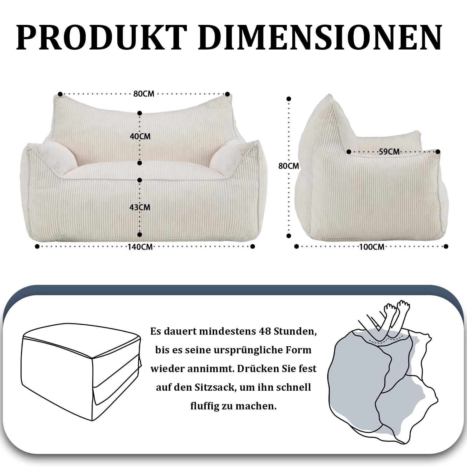 Sitzsack Cord mit Rückenlehne, Sitzsack Erwachsene mit Füllung, Großer Bean Bag aus Kunstfell, Bequemer Lounge-Sessel mit Hochdichtem Schaumstoff, Schlafzimmer & Wohnzimmer, Beige