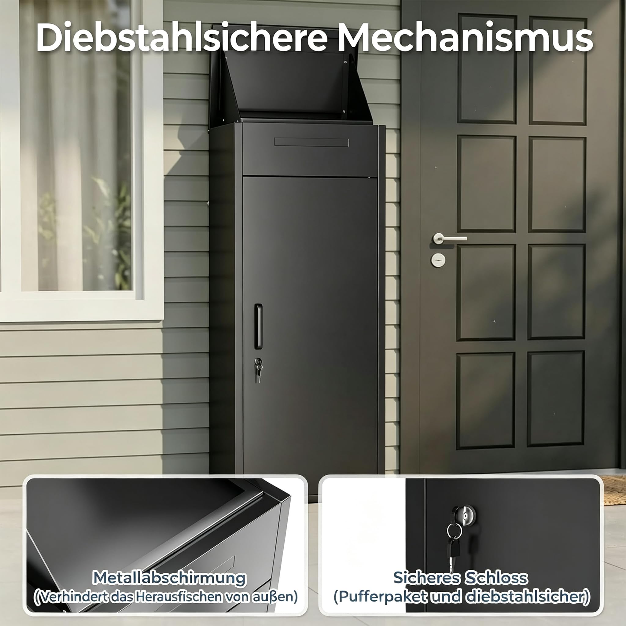 YODOLLA Paketbox Groß XXL Paketbriefkasten | 120x45x50cm, abschließbarer wetterbeständiger Full-Metal-Rahmen Paketkasten mit Klappdeckel für Veranda/Garten, Schwarz