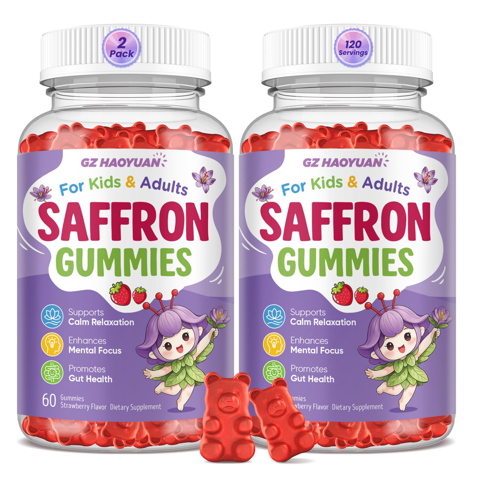 Saffron Gummies for Kids & Adults, 21-in-1 Saffron Supplements with 100mg Saffron Extract, L-Theanine, Magnesium, Omega-3, GABA, D3, B6, B12 & C, Supports Mood, Focus & Gut Health, Sugar-Free, Vegan Strawberry 60 Count (Pack of 2)