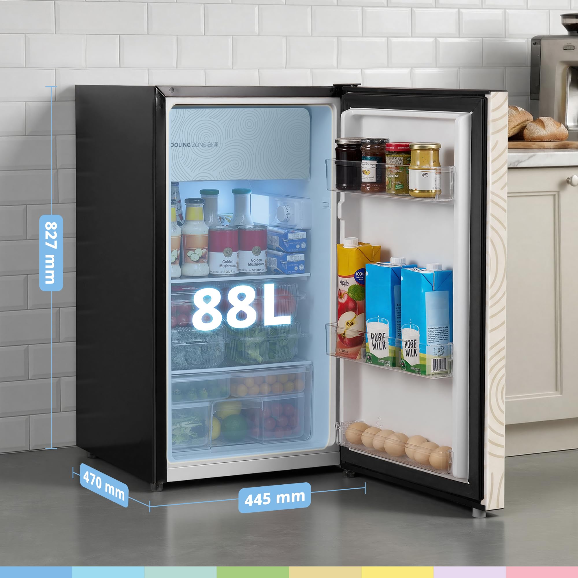 Comfee 88L Kühlschrank mit Chill Box-Fach,42db,Abnehmbarem Griff,82.7cm Höh | Gelb,Einstellbare Temperatur, Wechselbarer Türanschlag,Chill Box-Fach, Herausnehmbare Glasablagen, Modernes Design, EEK E