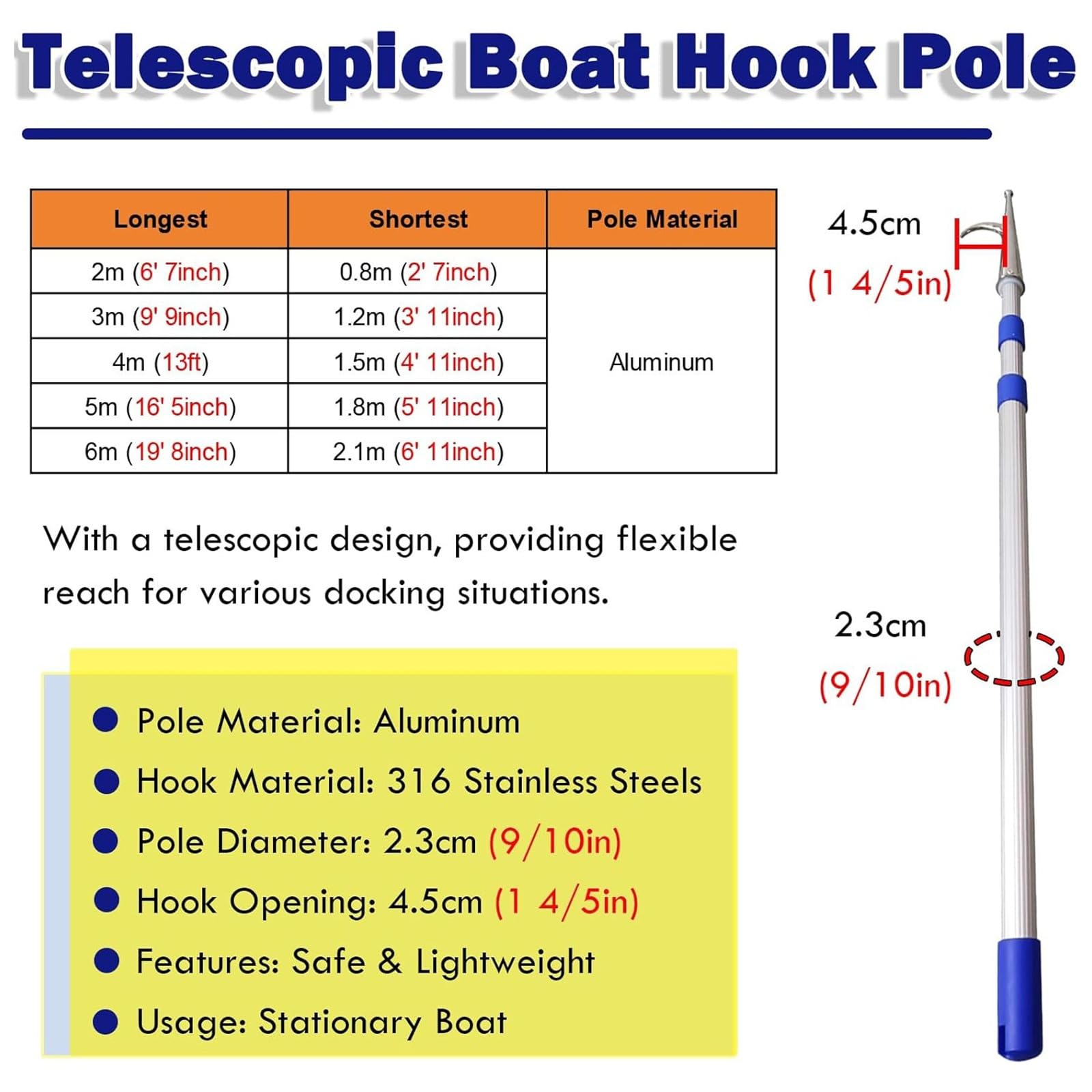 Gancho telescópico de aluminio para barco, 2-6 m, poste de empuje resistente para acoplar, barra de extensión flotante para empujar y tirar de barcos en cualquier agua