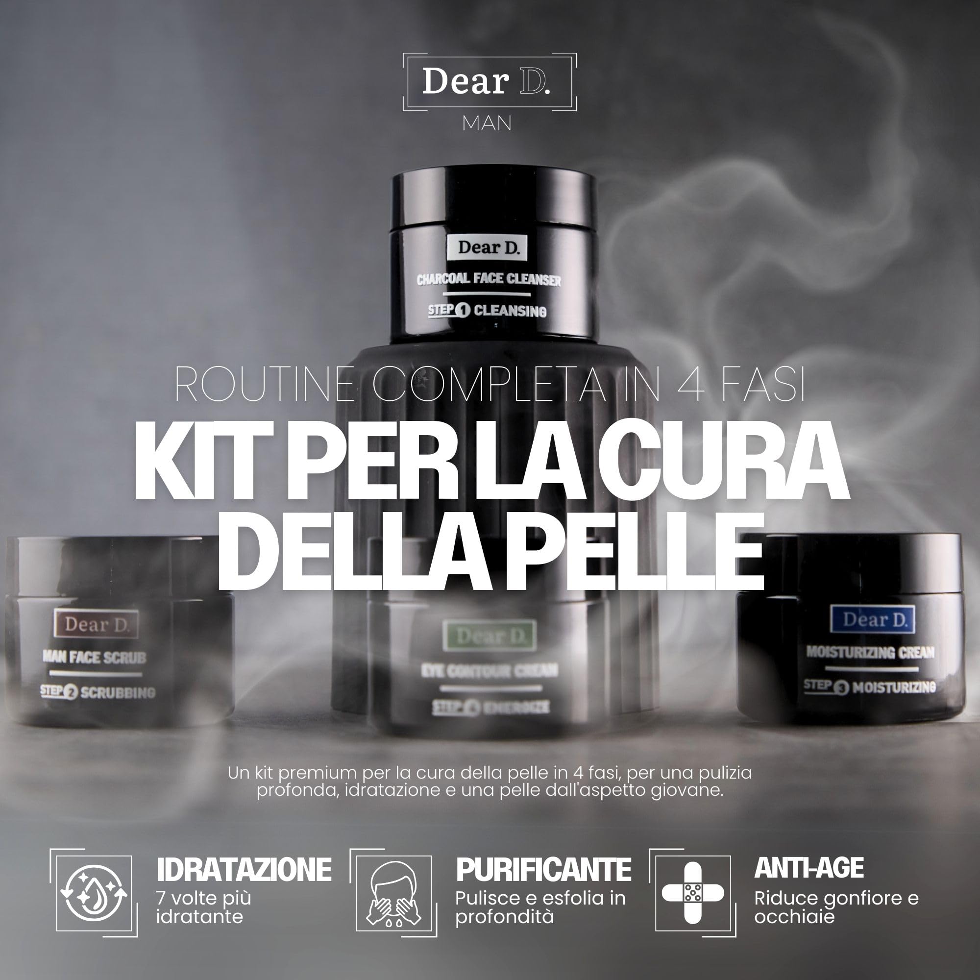 Dear D Box Kit Skincare Per Il Viso Superior | 4 Step Routine Completa Con Face Wash, Scrub Viso, Crema Idratante, Crema Contorno Occhi | Set creme uomo Made In Italy