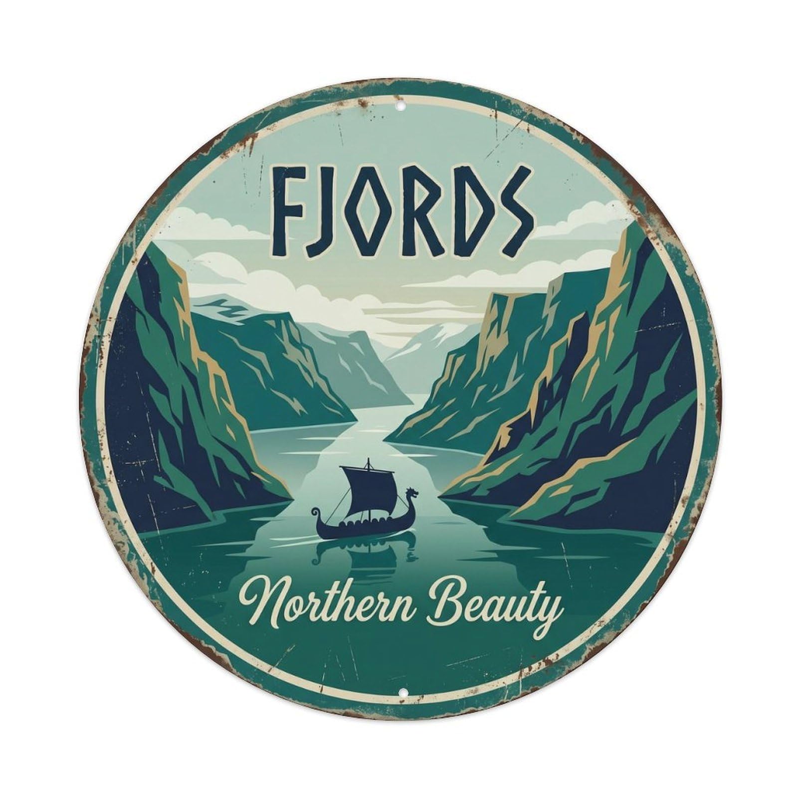 Cmhok Vintage Style Vintage Travel Fjords Norway Scenic Metal Tin Sign Plaque Wall Decor For Cafe, Club, Garden Round Metal Poster 8X8inch