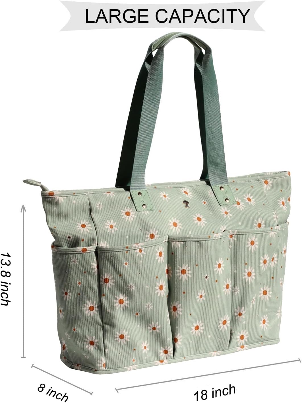 Corduroy Women Ladies Weekender Bag Muti-pockets Overnight Carry-on Duffel Travel Gym Tote Luggage Duffle with Trolley Sleeve (Corduroy matcha daisy)