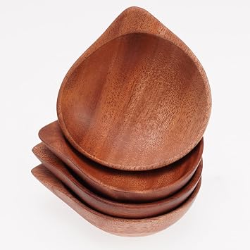 VieWood Mini Wooden Bowl Set of 4 3.5 x 3.1 x 0.78 inch for Condiments, Dip Sauce, Ketchup, Small Wood Bowl for Jam, little Prep, Olive Scallop