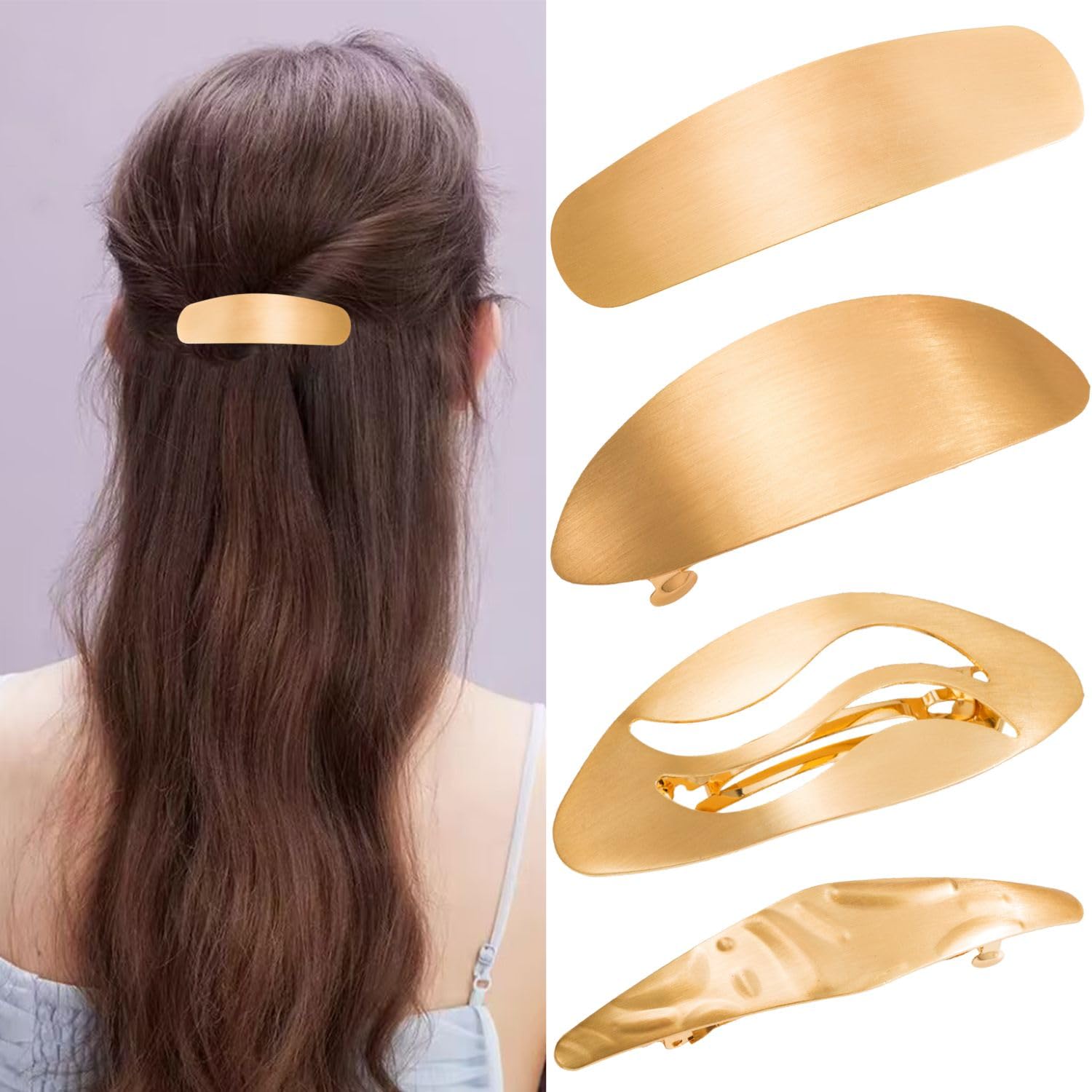 4PCS Metal Hair Barrettes for Thick, Long, Thin, and Fine Hair - Gold Bow Clips, Bar and Flat French Clips for Women (Gold, F)