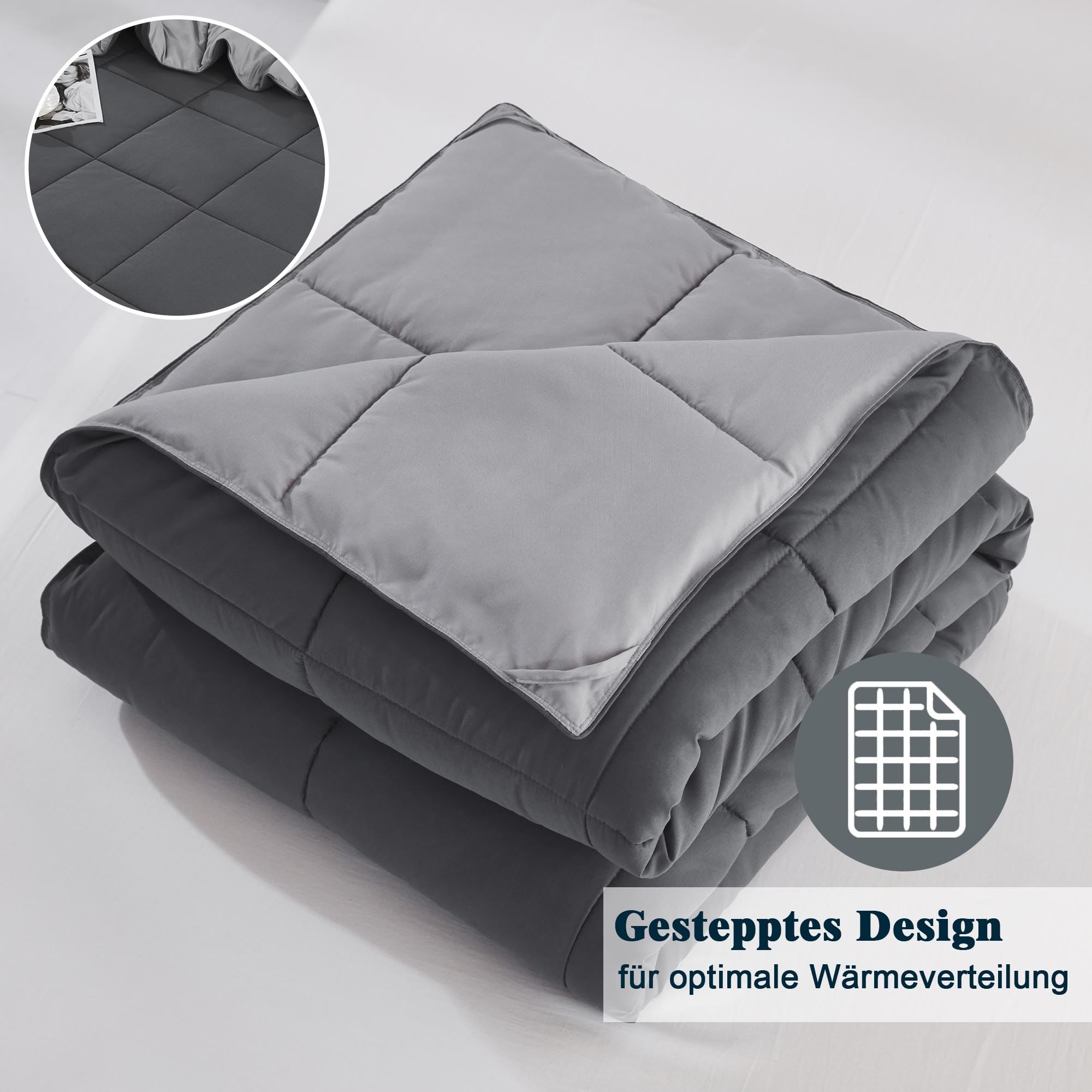 HIG Bettdecken-Set 4-teilig mit 2X Steppdecke 135x200 cm und 2X Kissenbezügen 80x80 cm – Oeko-TEX zertifizierte, kastenförmig genähte Daunenalternative in Grau, mit 1300g Füllung (300 GSM)