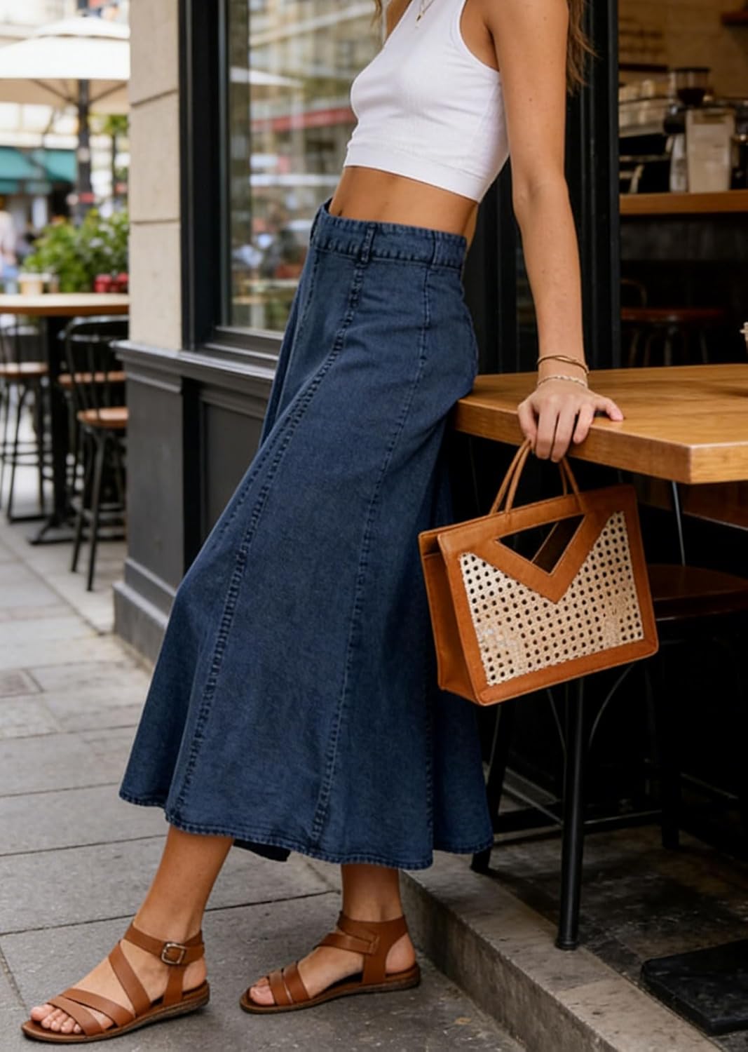 CHARTOU Women Vintage Long Denim Skirt Flowy Big Hem Slouchy Washed Jean Skirt