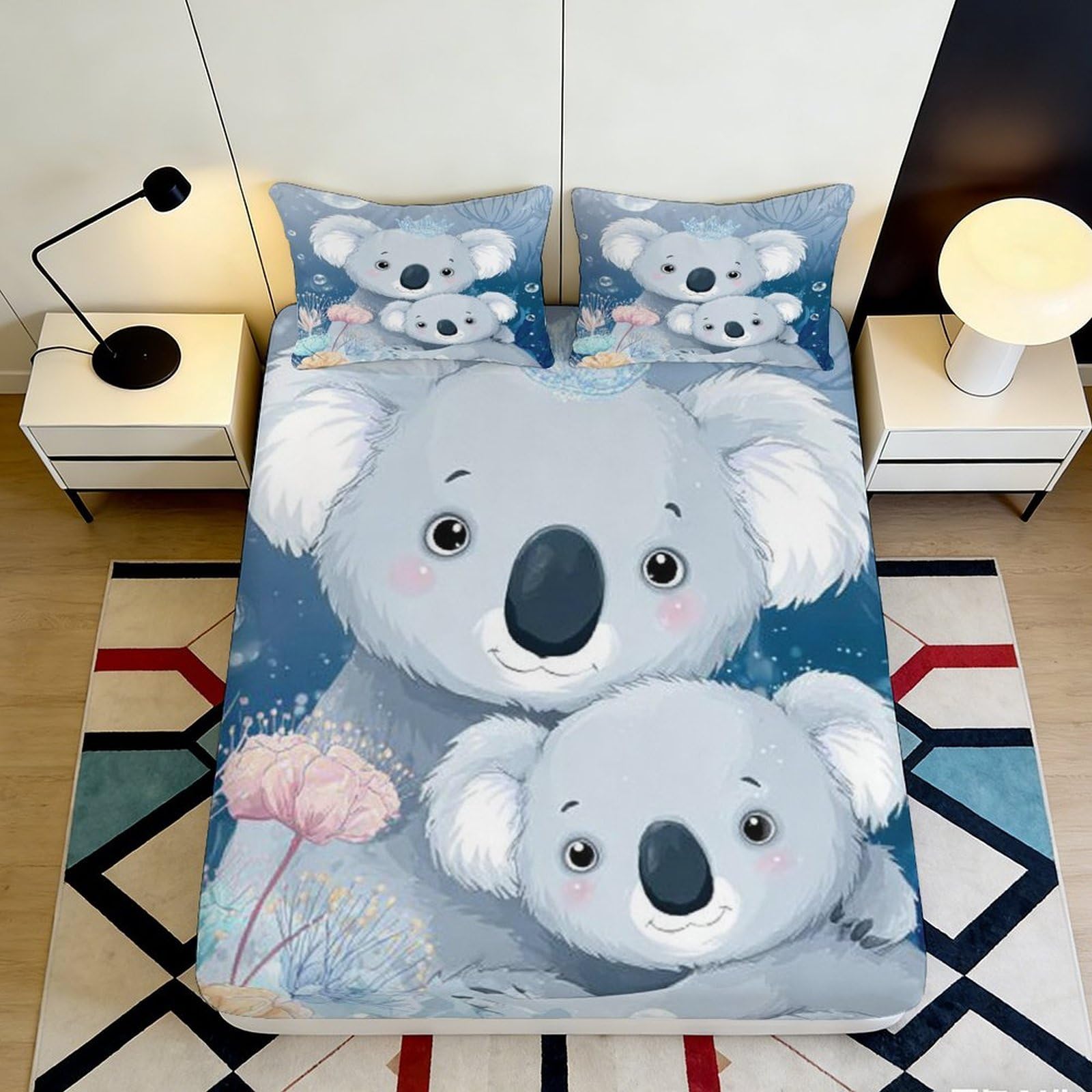 3D Printed Cute Koala Fitted Sheet Microfiber Soft Blue Cartoon Animal Mattress Cover for Bedroom Guest Room Decor 90x200x25cm