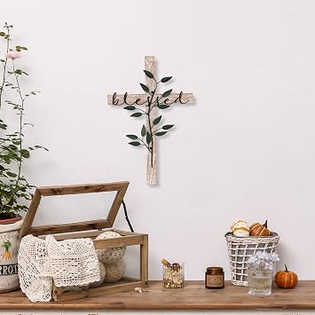 NIKKY HOME Wall Cross, Rustic Wooden Cross With Metal Leaves