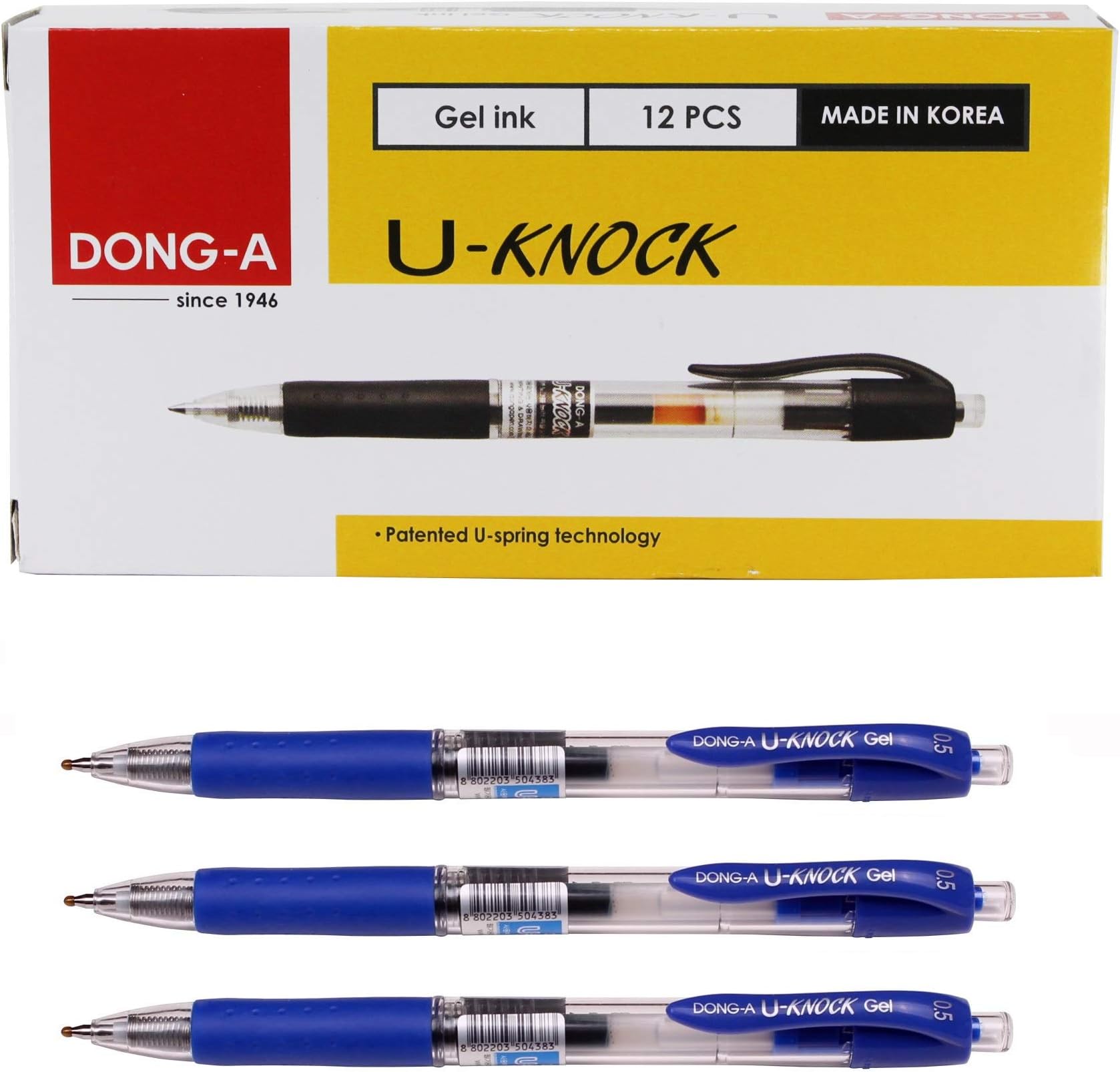 Dong-A U-Knock Gel Ink Ballpoint Pen U-Spring Technology 0.5mm (1 Dozen) Smooth Writing, Dong A