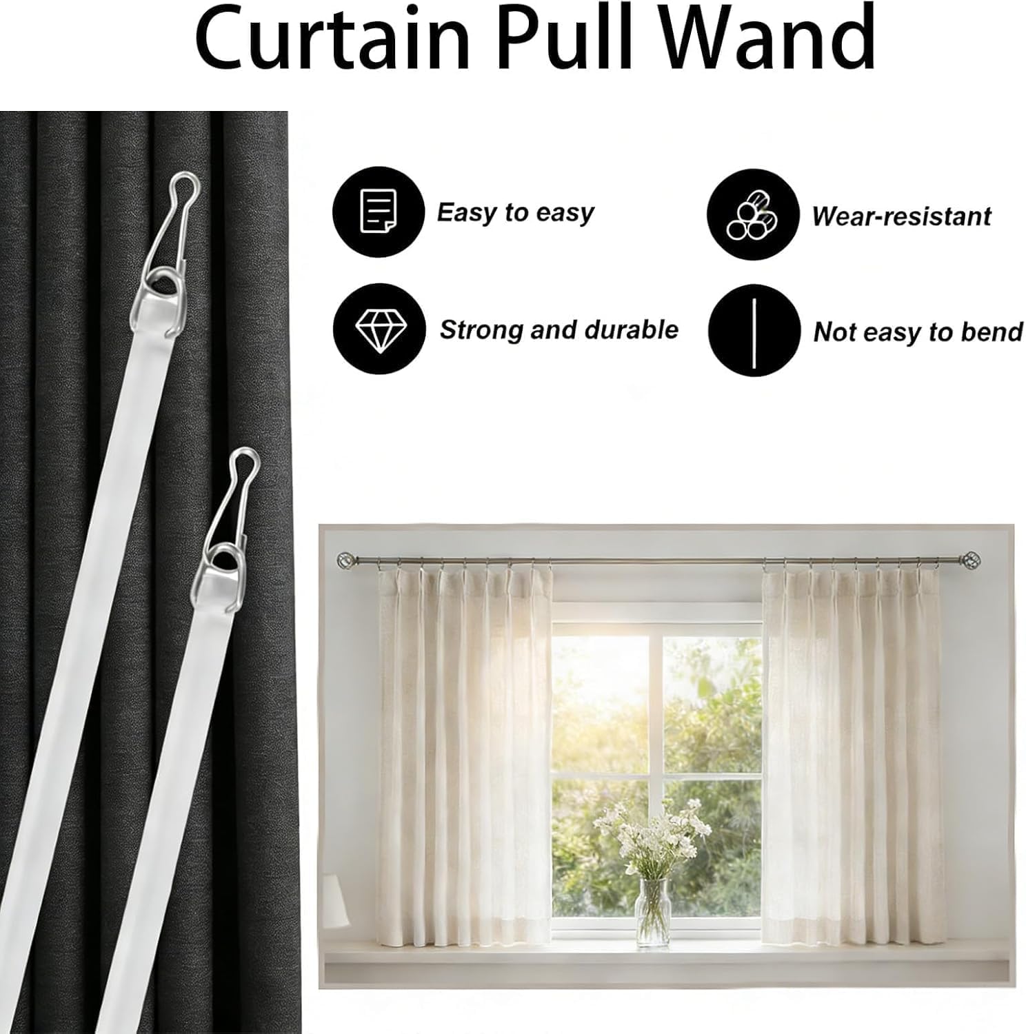2pcs Curtain Pull Wand, 17 Inch Invisible Clear Acrylic Curtain Pull Rod Stick,Heavy Duty Plastic Curtain Pull Rod with Metal Hook,Long Handled Blind Wand for Window Treatment