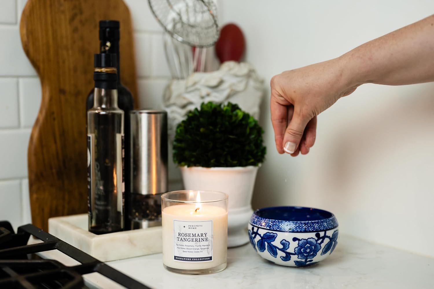 PERIPETI Home Rosemary + Tangerine Scented Candle - Classic Wick, 8.5oz Natural Soy Wax for Energizing Aromatherapy - Long-Lasting Citrus & Herbal Fragrance for Home or Spa