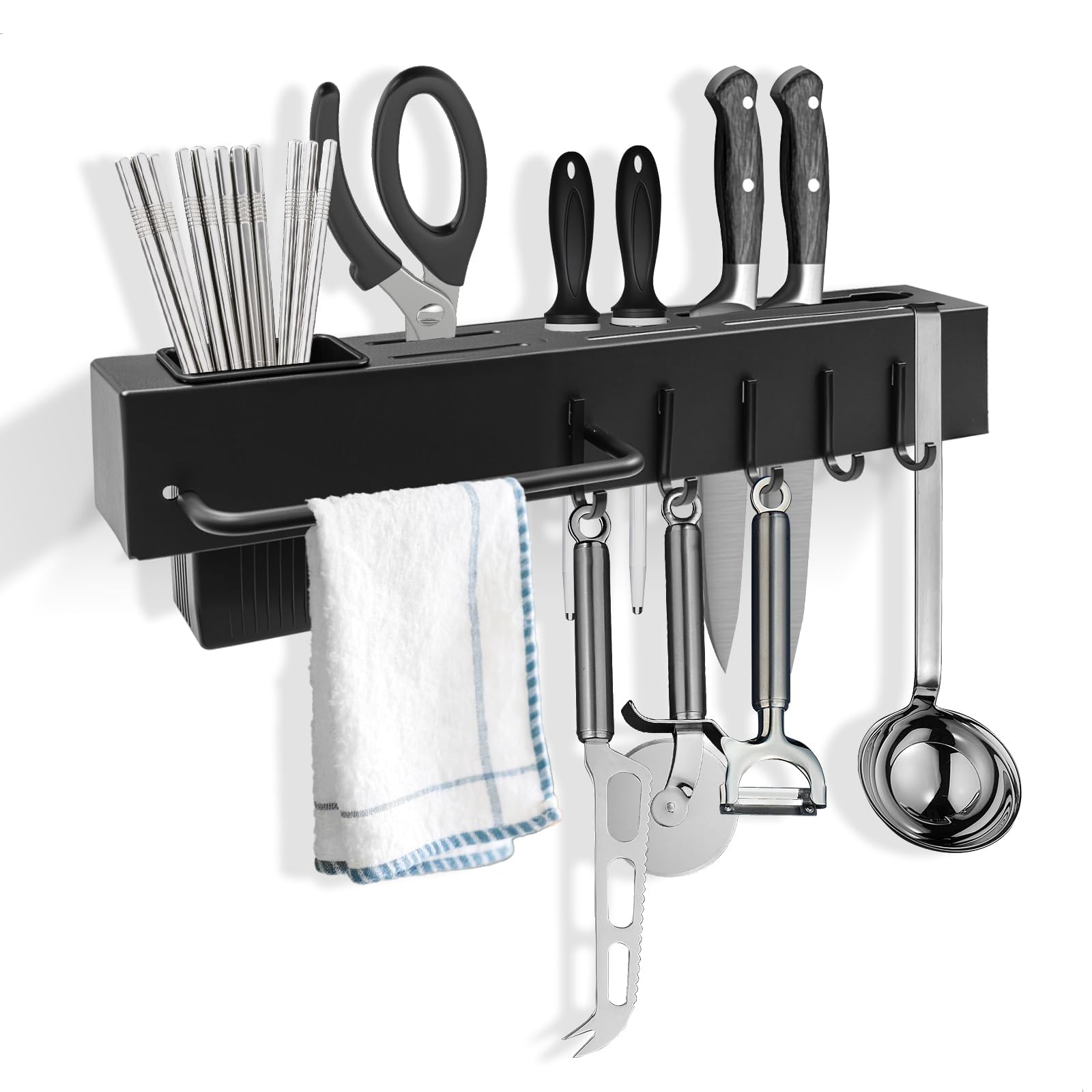 Porte Couteaux Mural, Organisateur de Cuisine Multifonction avec Porte-Torchon et Porte-Baguettes, Rangement pour Ciseaux, Ustensiles, Sans Perçage/avec Vis, 40 cm
