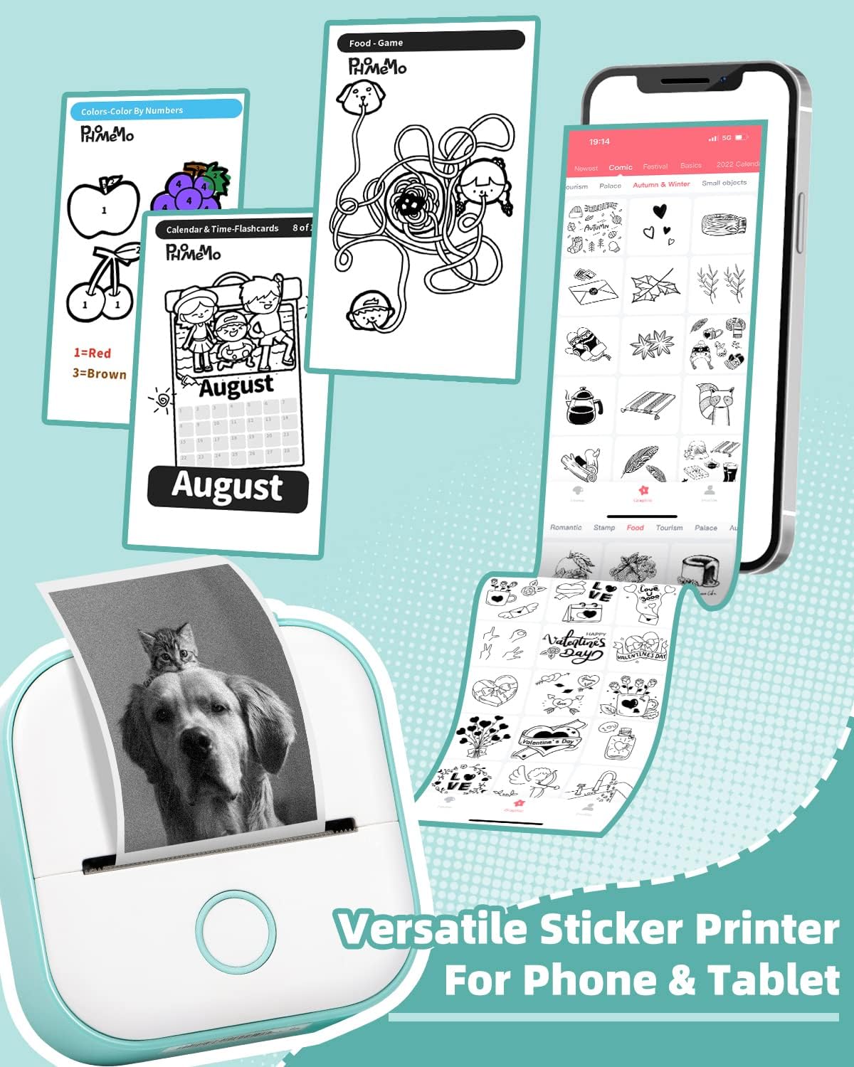 Memoking Mini Label Makers T02 Portable Small Printer with 3 Rolls Paper, Sticker Printer Machine and Case, Green