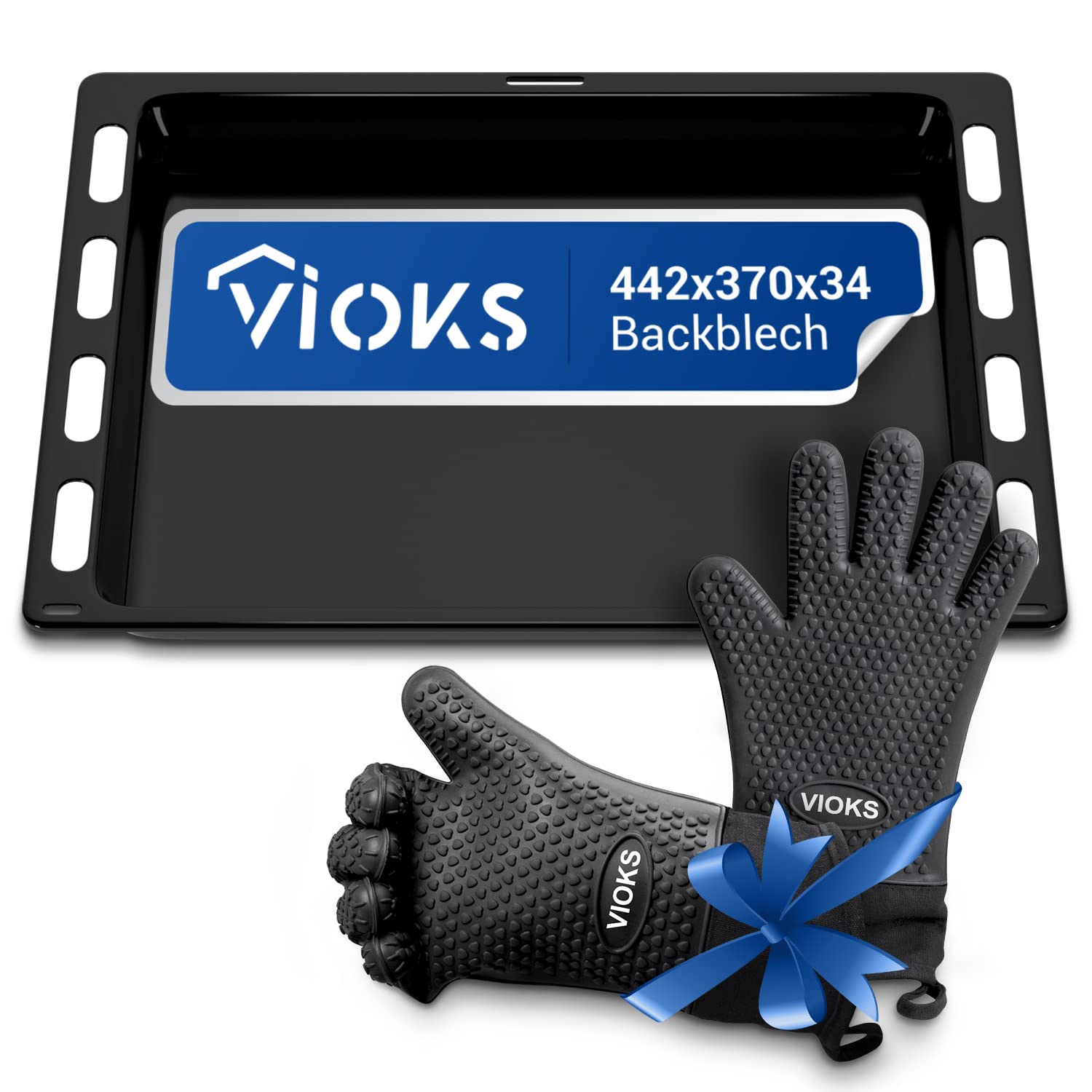 VIOKS Bandeja de horno extensible/ajustable 422 x 370 mm + guantes de barbacoa resistentes al calor / guantes de horno de repuesto para Bosch 00790278 / bandeja de horneado para horno de 45 cm