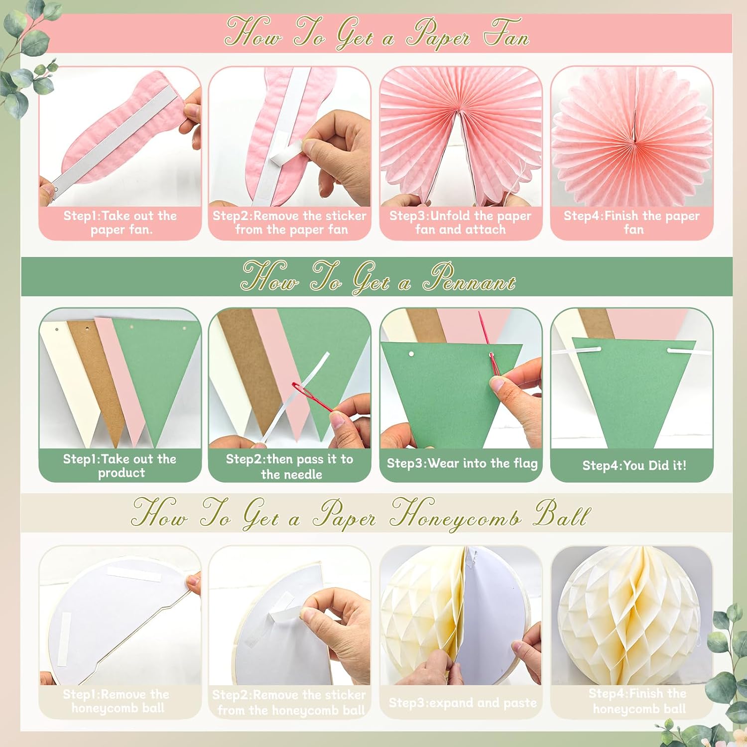 Ycitusi 33Pcs Boho Party Decorations | Sage Green & Peach Pink Photo Backdrop Set | Paper Fans, Tissue Pom Poms, Honeycomb Balls Garlands for Woodland Birthday, Neutral Baby Shower, Rustic Wedding